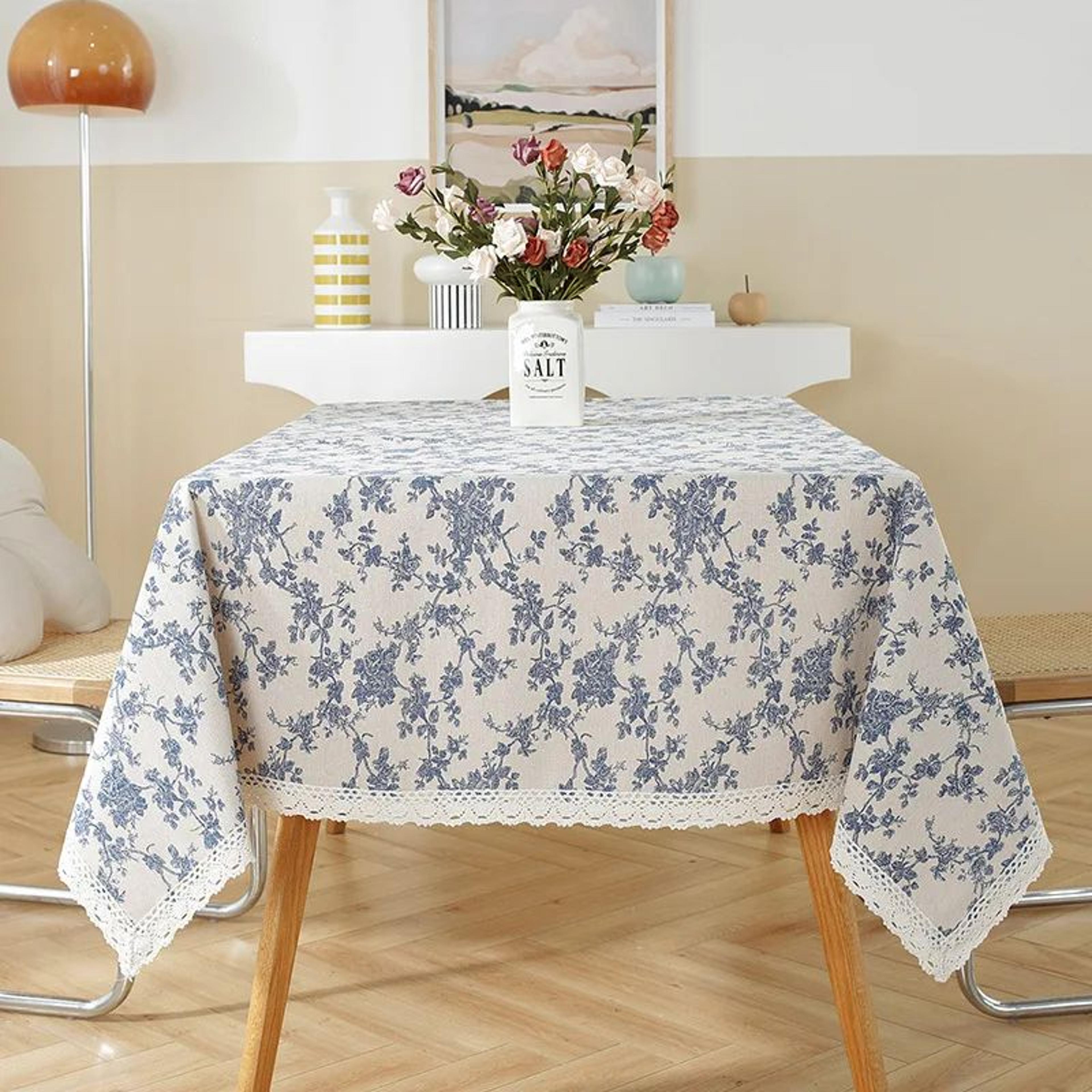 vintage blue pattern cotton linen rectangle tablecloth washable dining table cover
