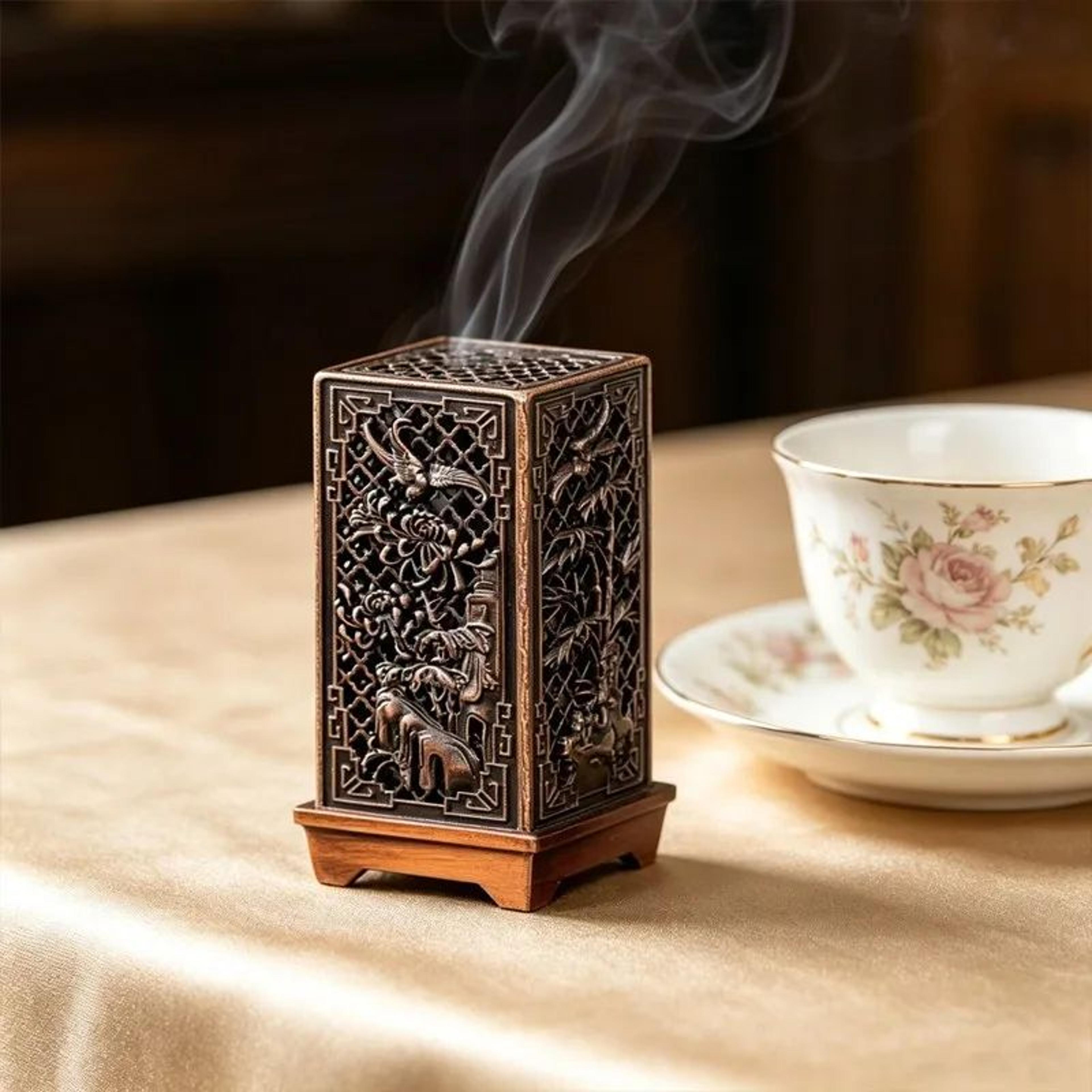 square vertical zinc alloy incense burner with chinese plum design