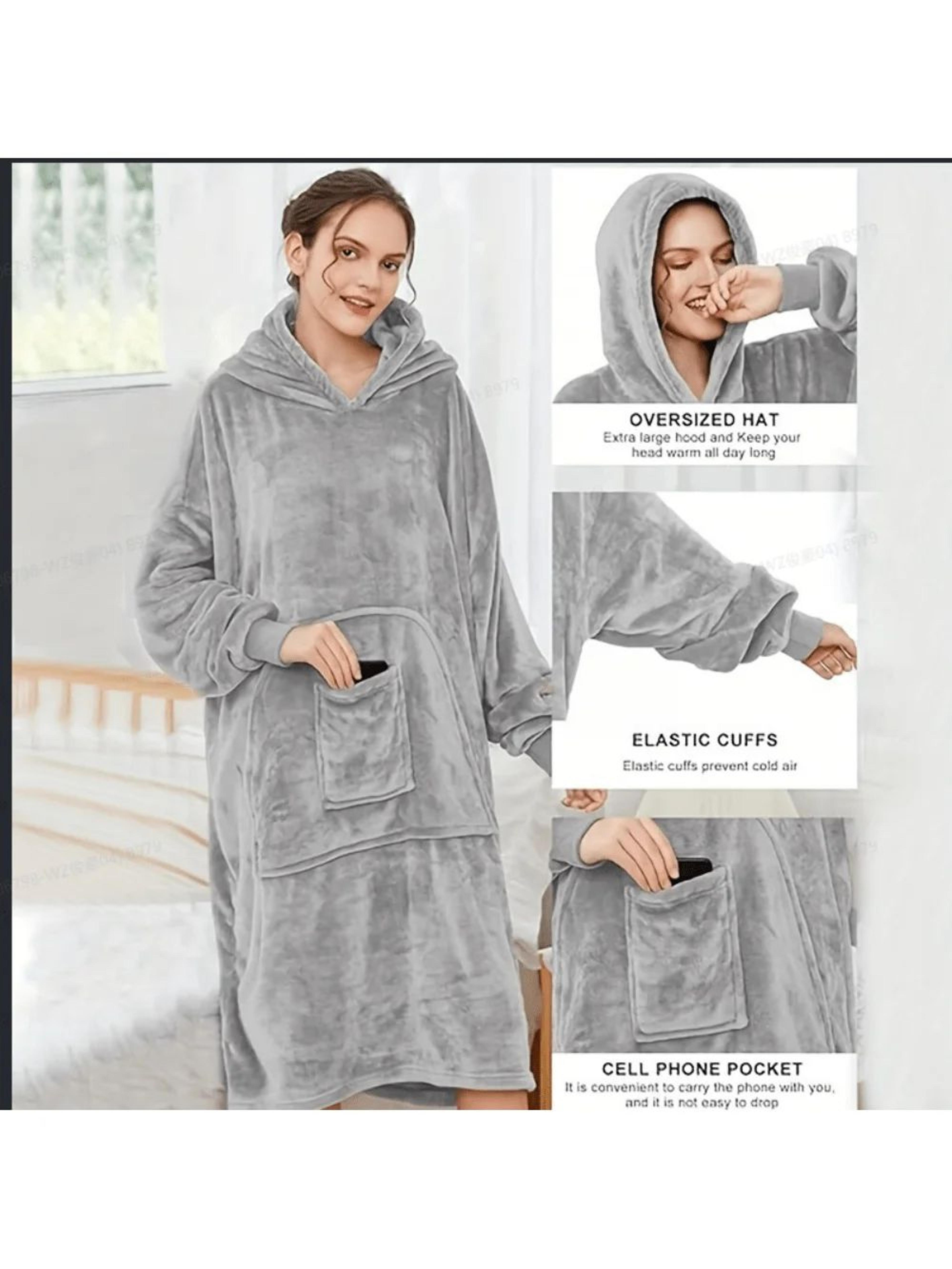 extra-long flannel wearable blanket hoodie with sleeves and pockets - 57 inch