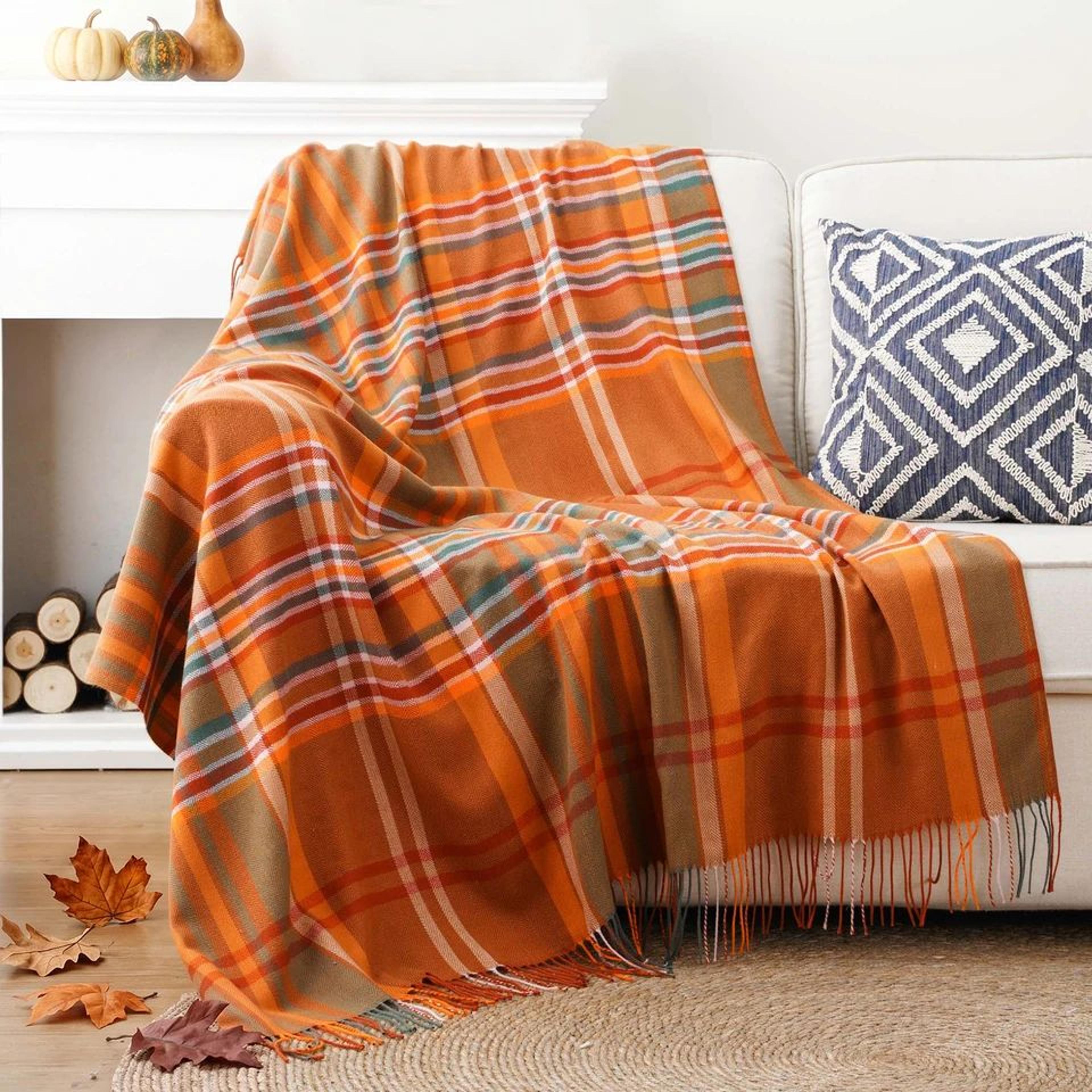 orange plaid throw blanket lightweight fall sofa blanket with tassels 50 x 60 inch