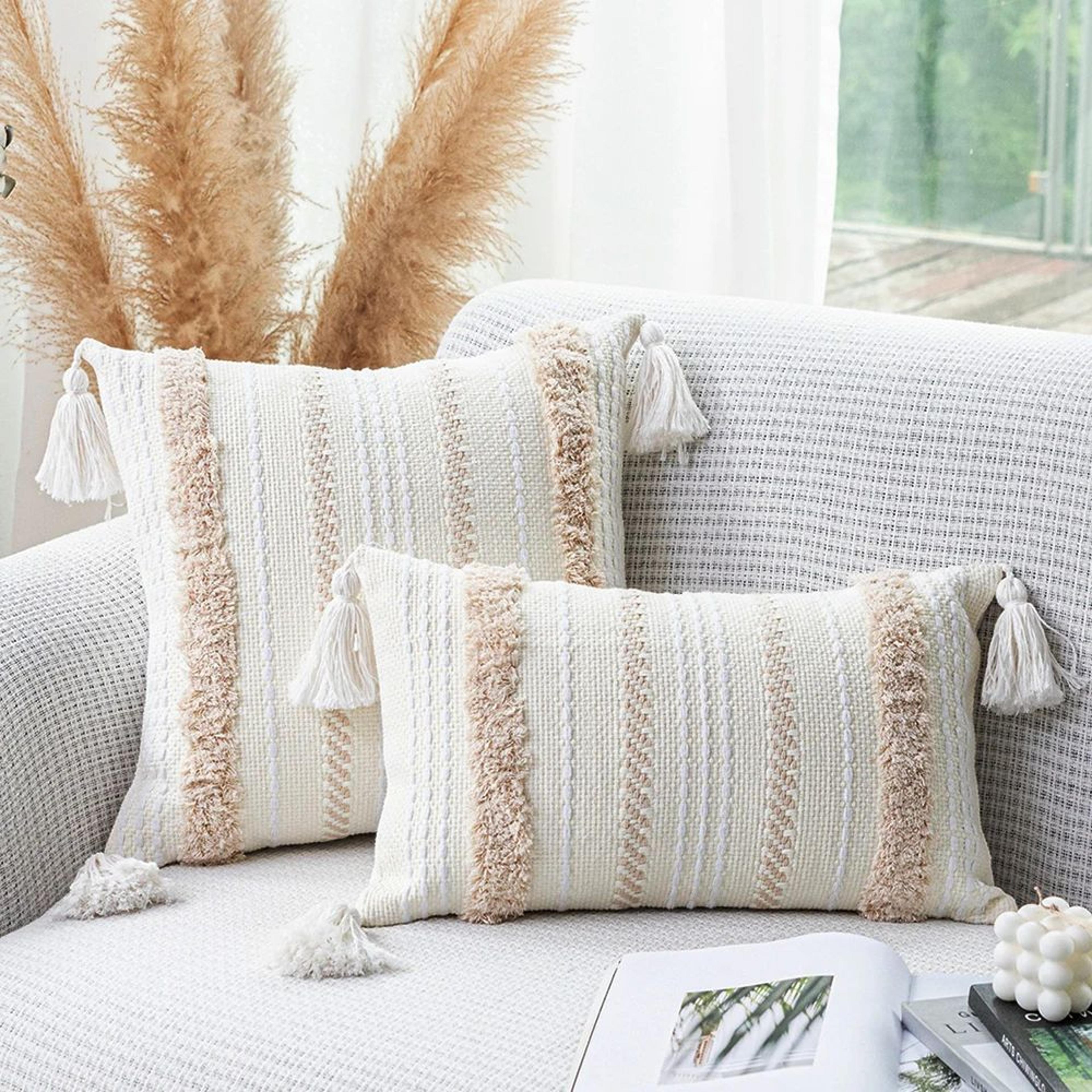 boho tufted throw pillow cover with tassels neutral woven cushion cover