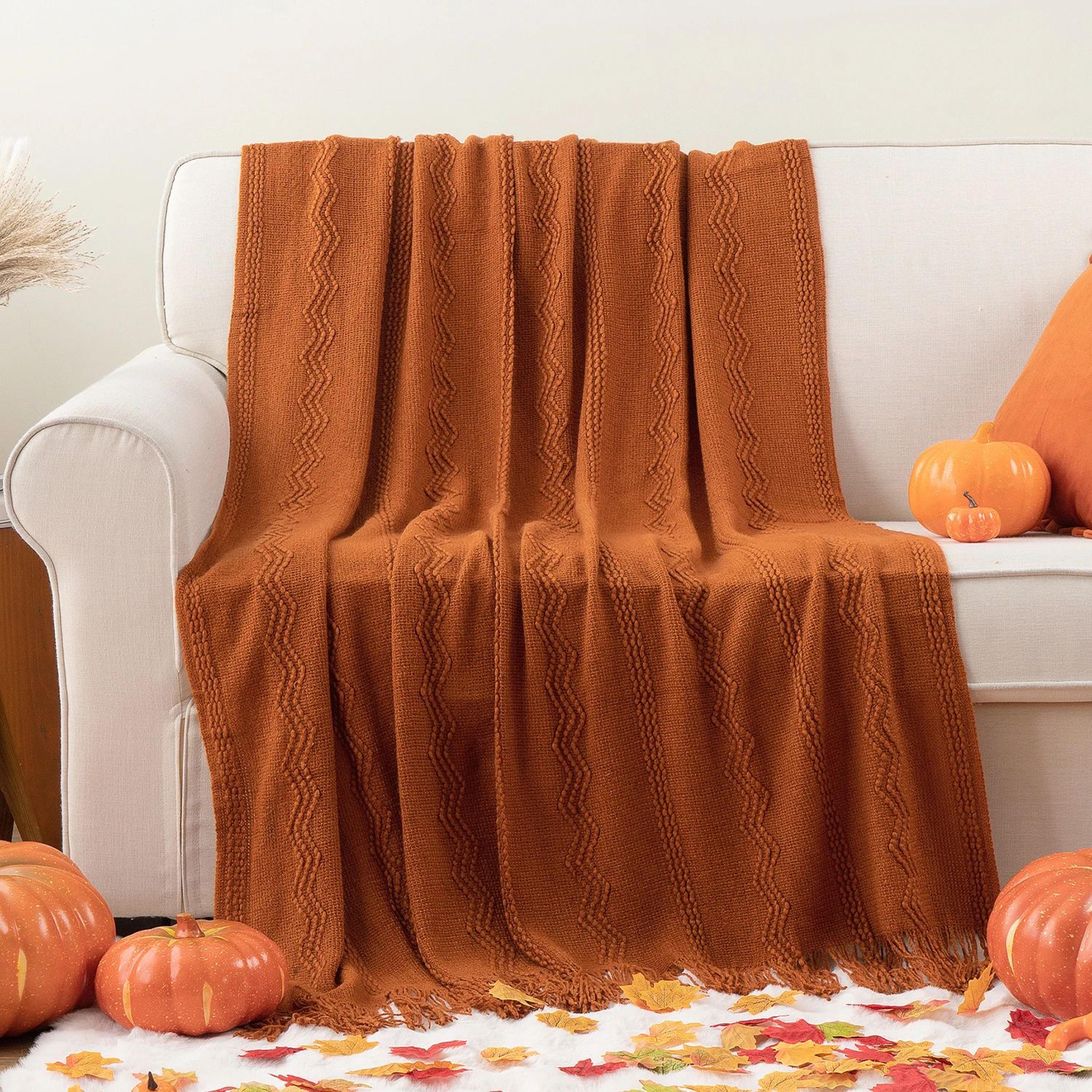 caramel geometric knit throw blanket with fringe for couch and bed