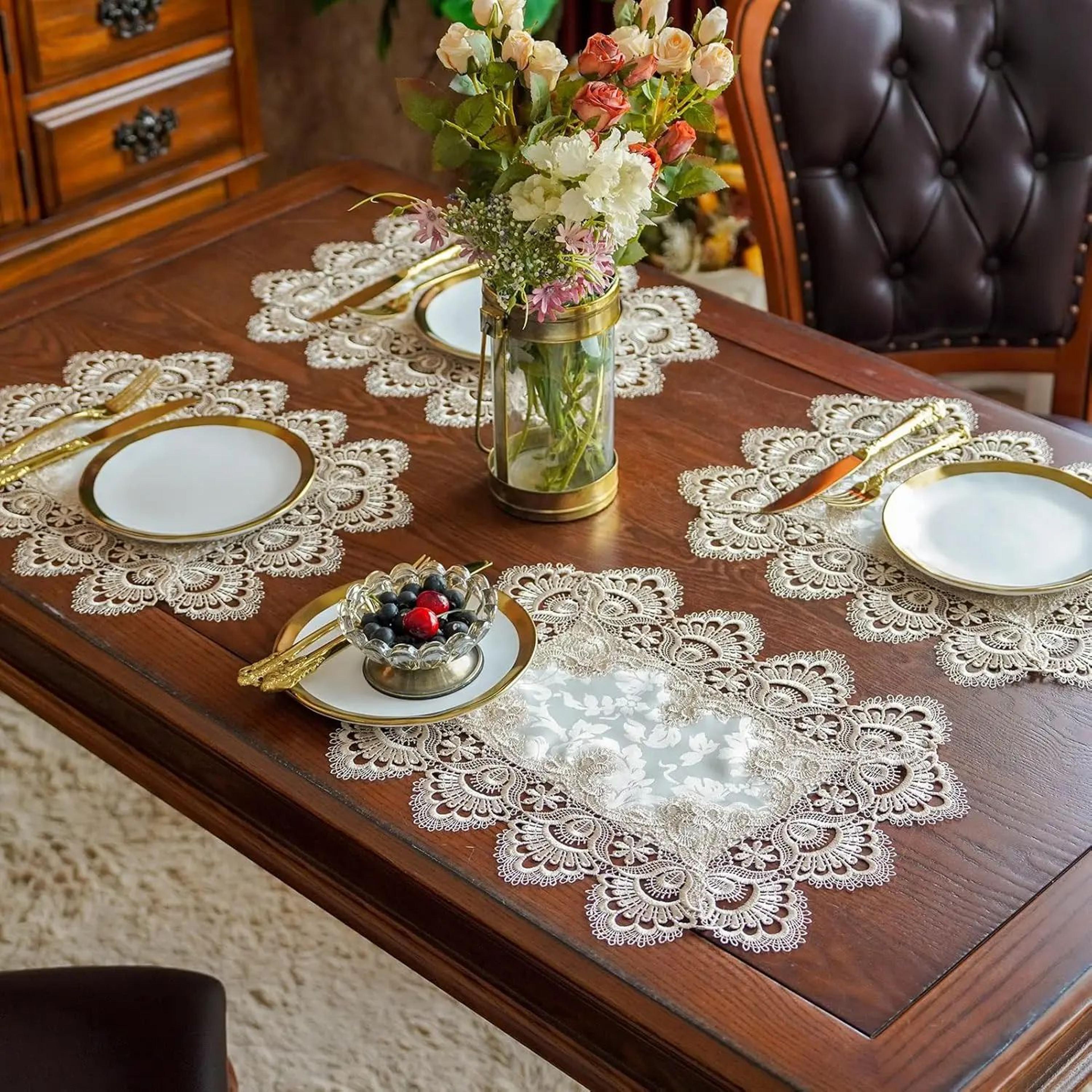 white embroidered lace placemats set of 2 - elegant rectangle dining table mats