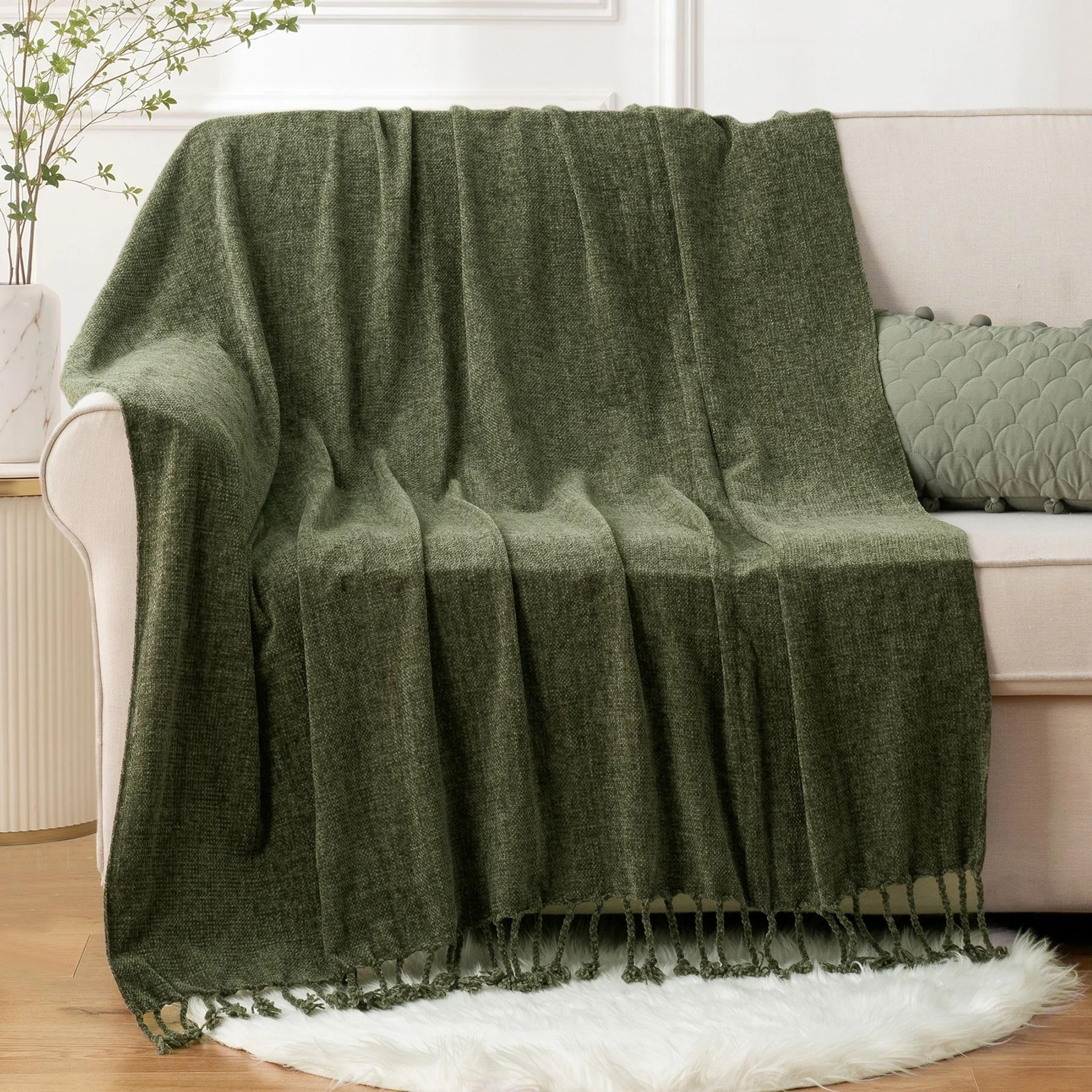 chenille knit throw blanket with fringe tassels soft lightweight sofa and bed decor