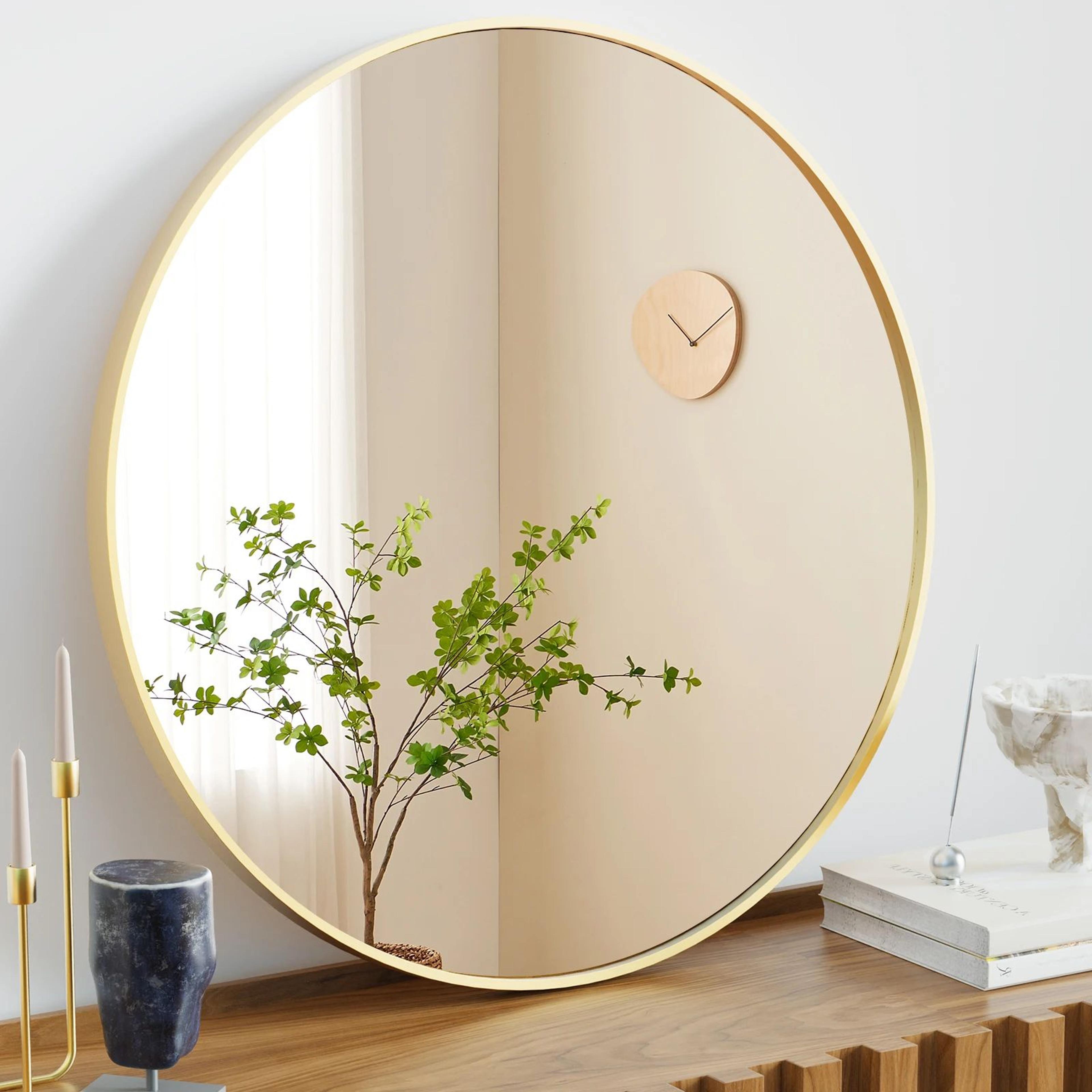 30 inch gold round wall mirror with matte metal frame and tempered glass