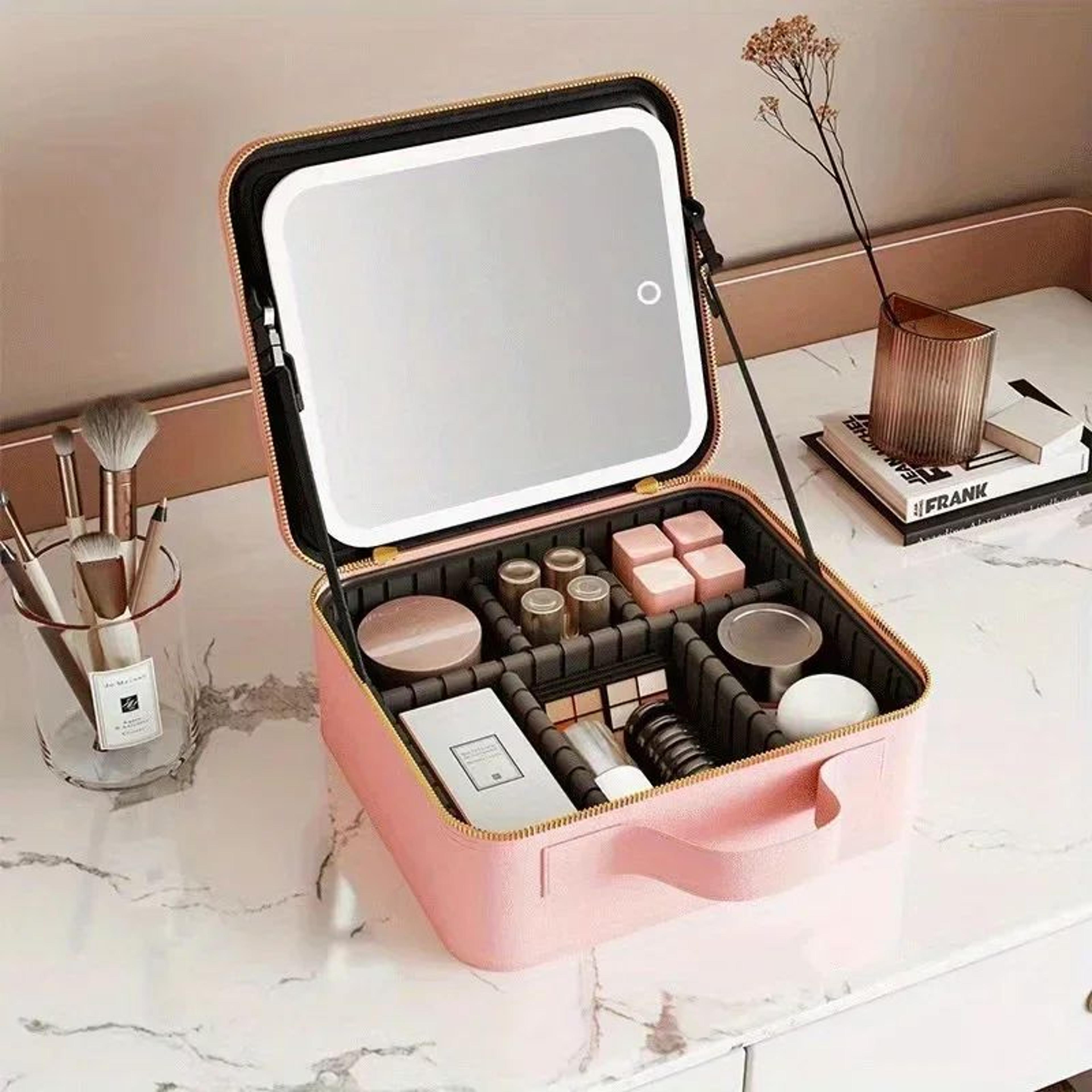 travel makeup bag with led mirror and adjustable cosmetic organizer