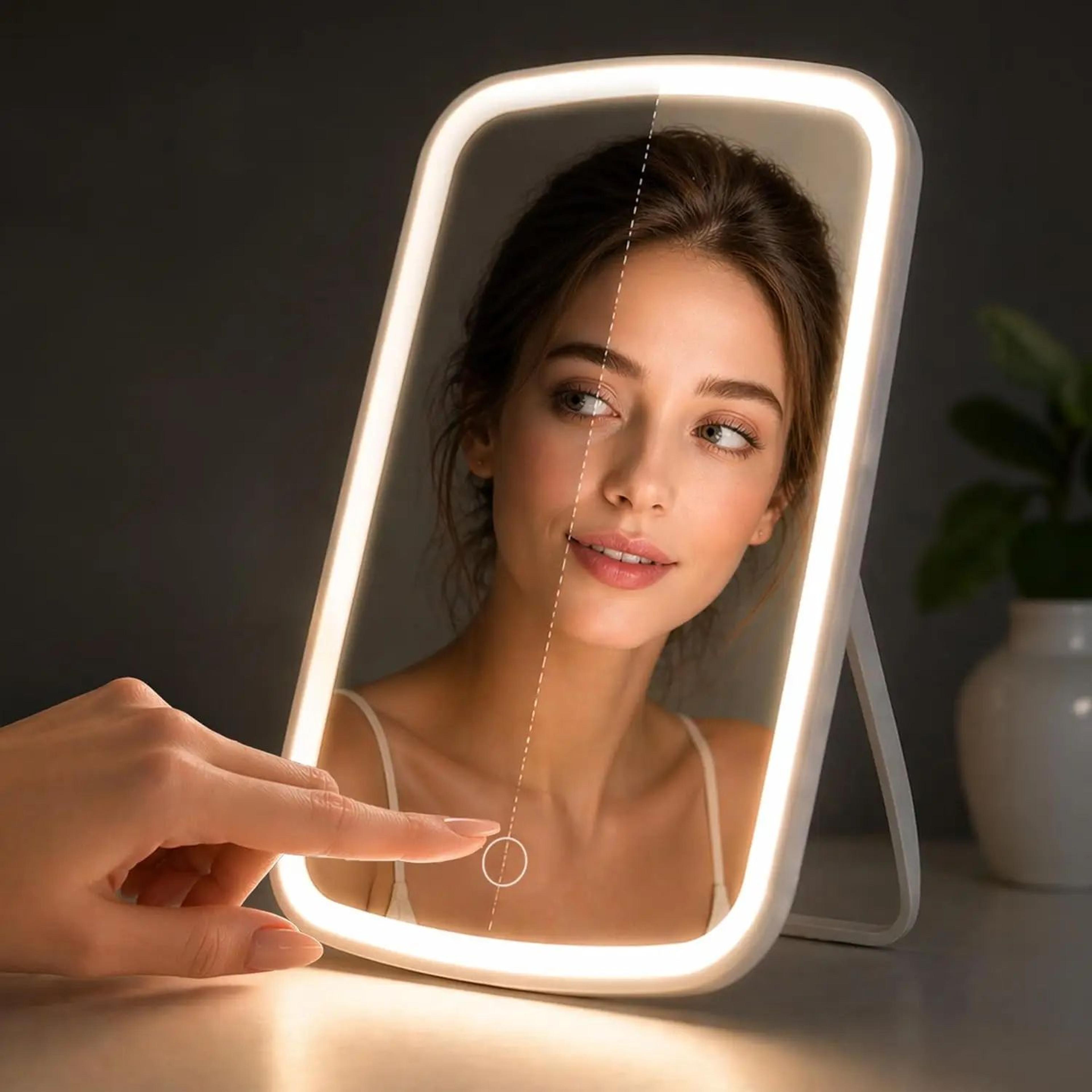portable 3-color led makeup mirror with folding stand