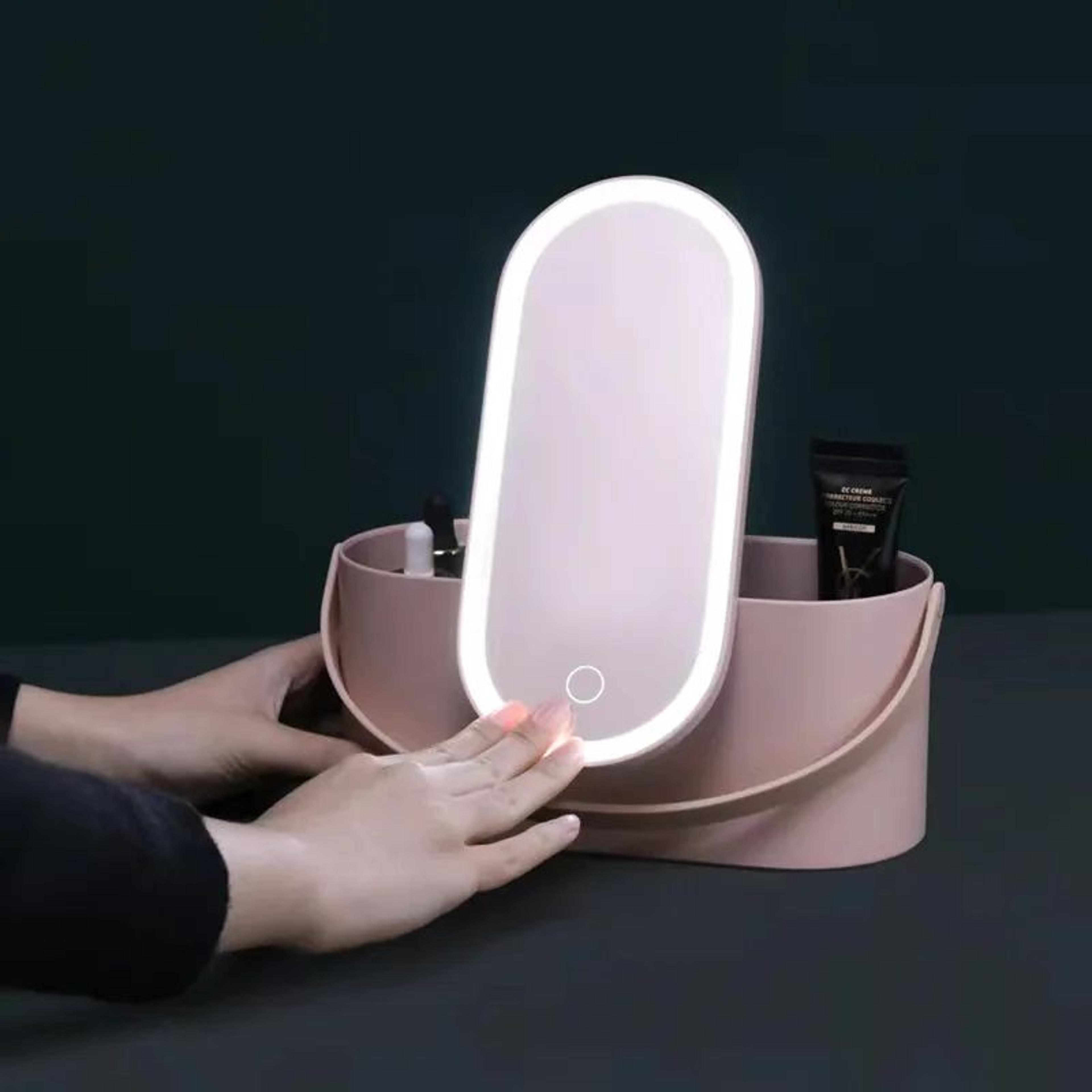 led lighted mirror makeup organizer case - portable cosmetic storage box