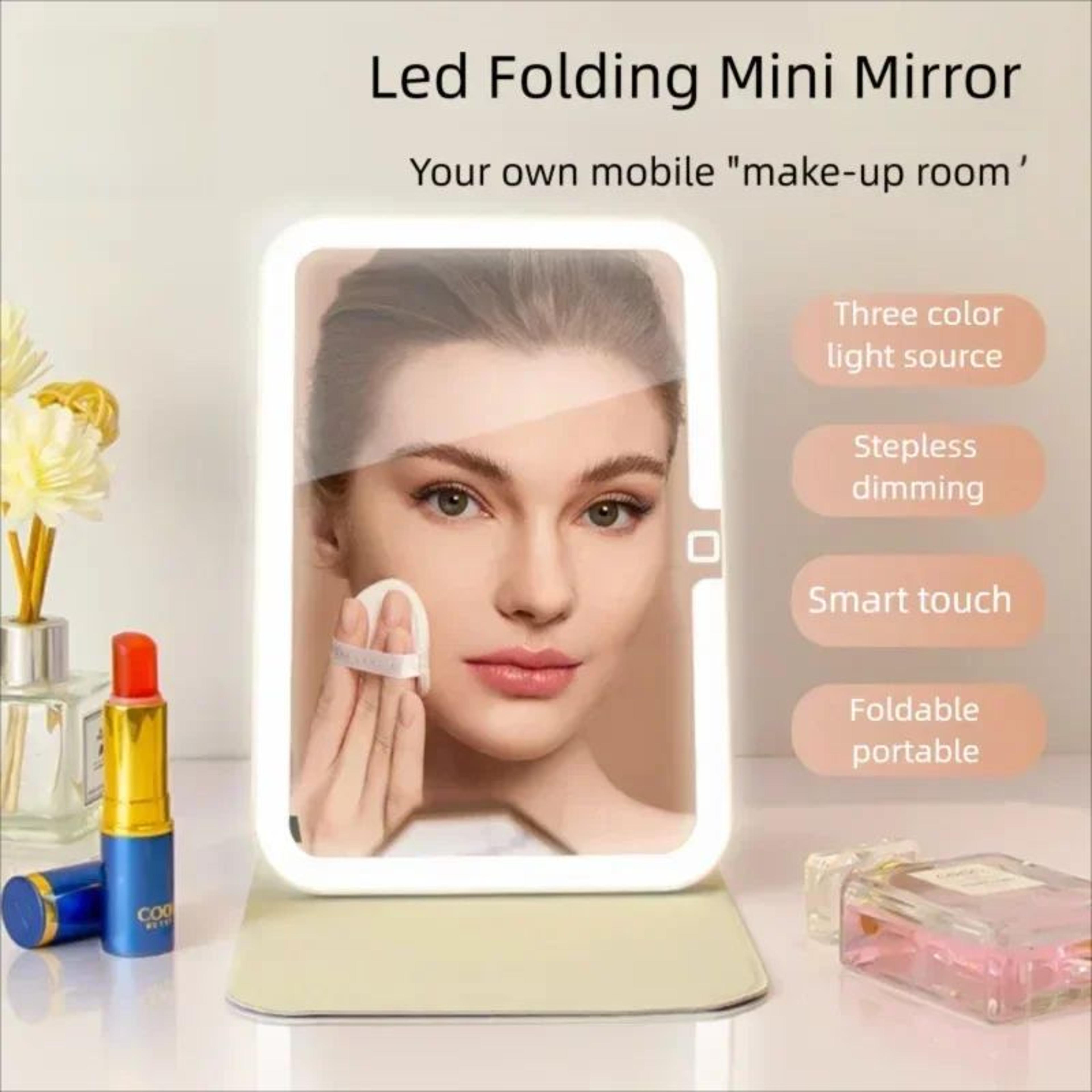 portable led makeup mirror with 3 color lights, stepless dimming and type-c charging