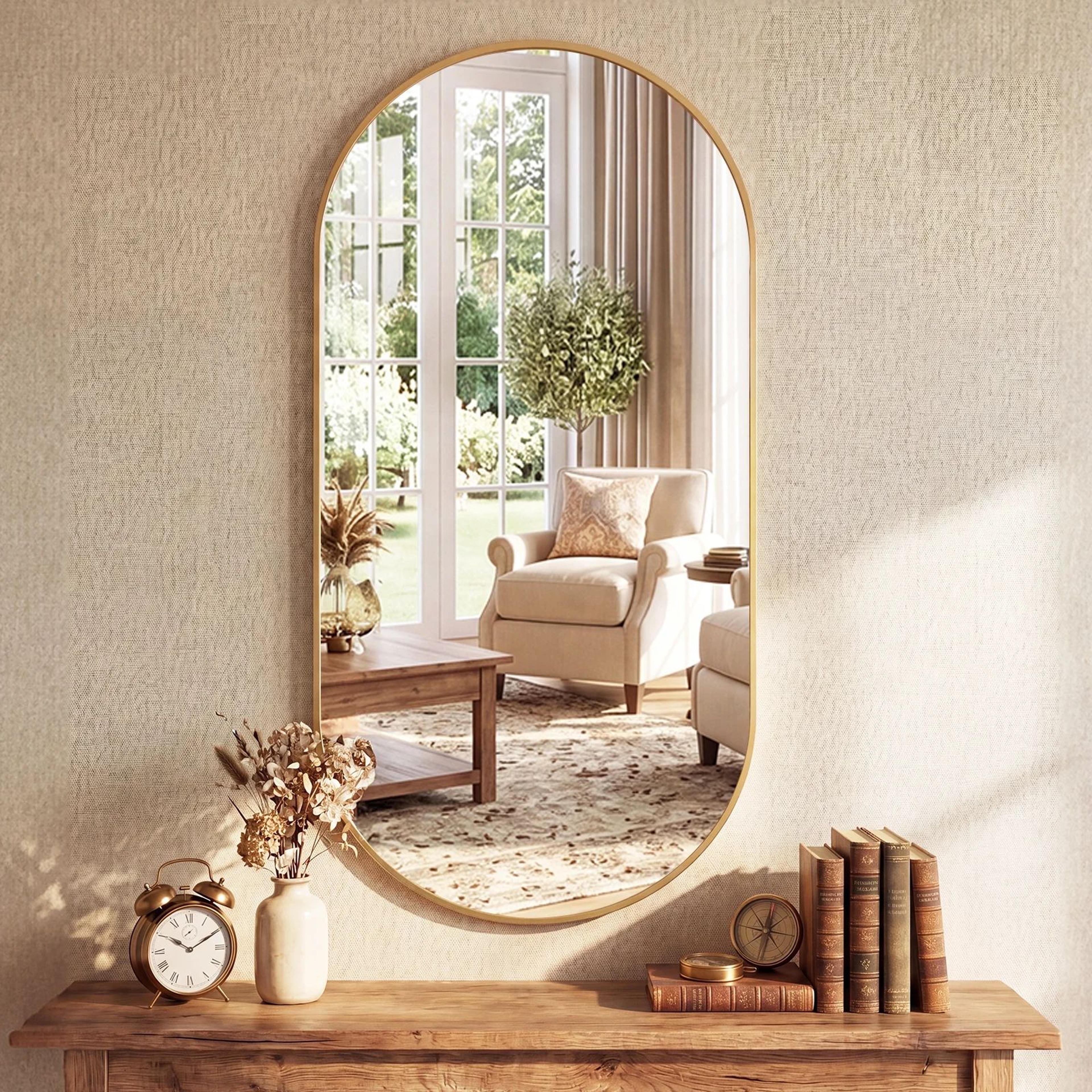 modern oval metal frame wall mirror with tempered glass for bedroom and living room