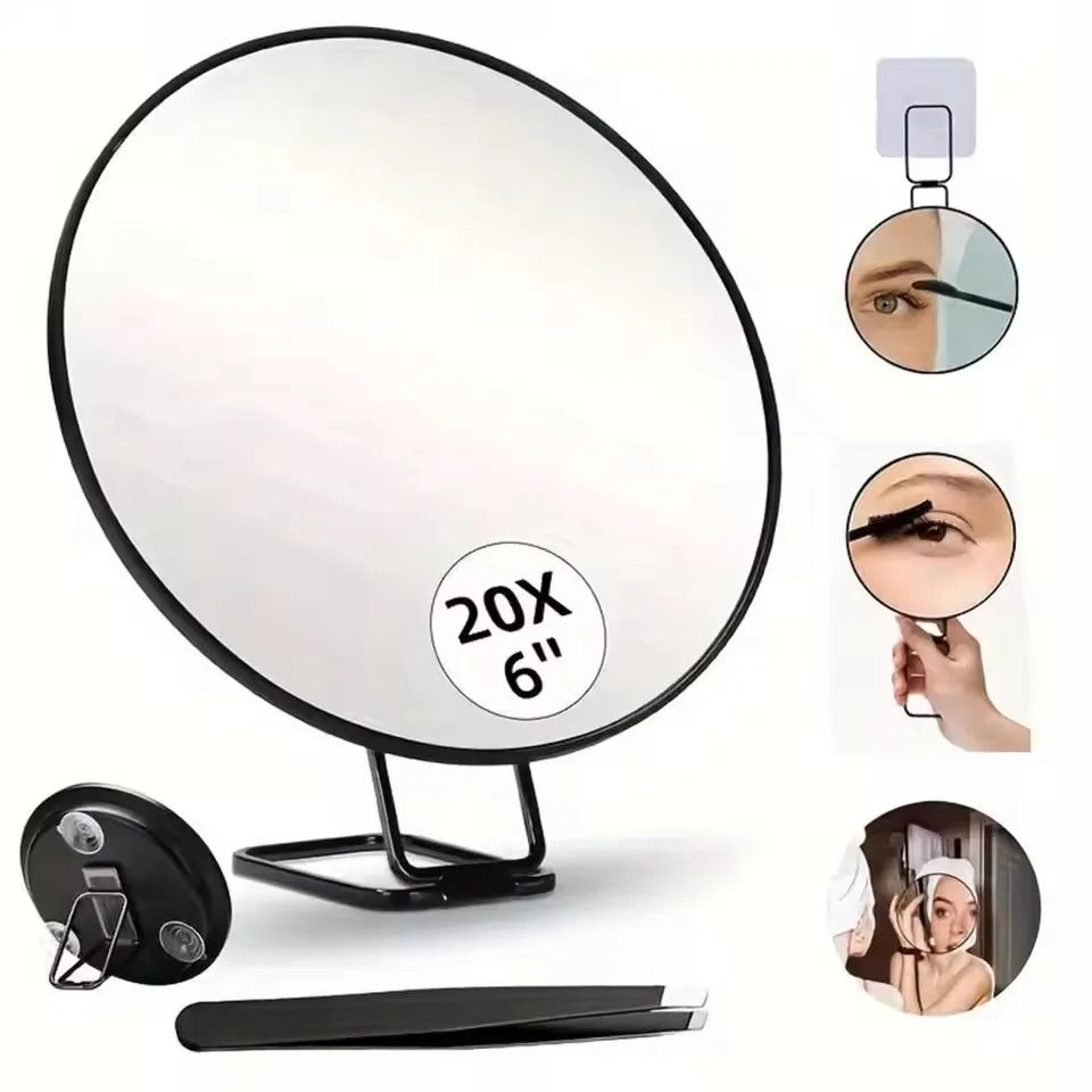 20x magnifying makeup mirror with foldable handheld stand and precision tweezers