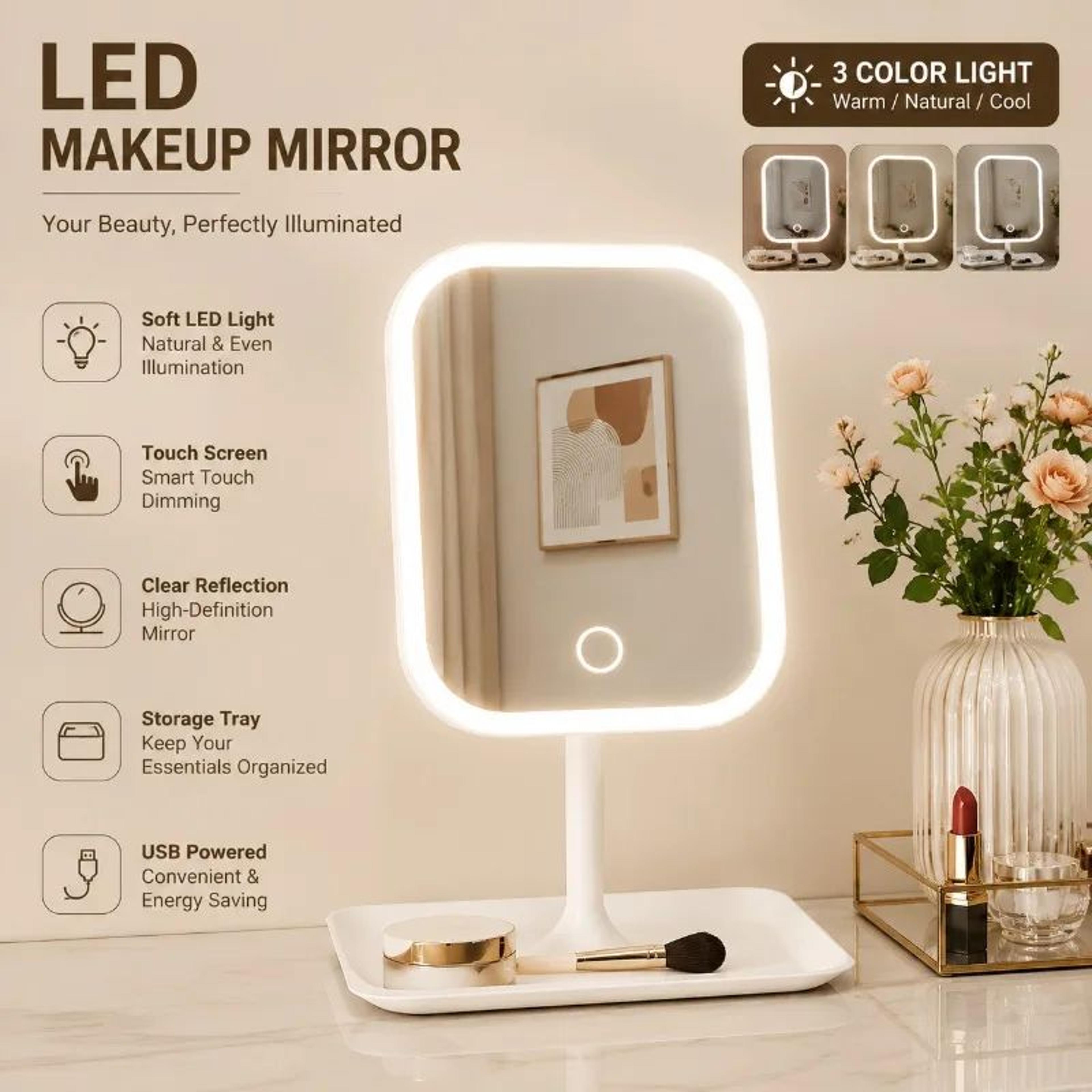touch control led makeup mirror with 3 dimmable light modes