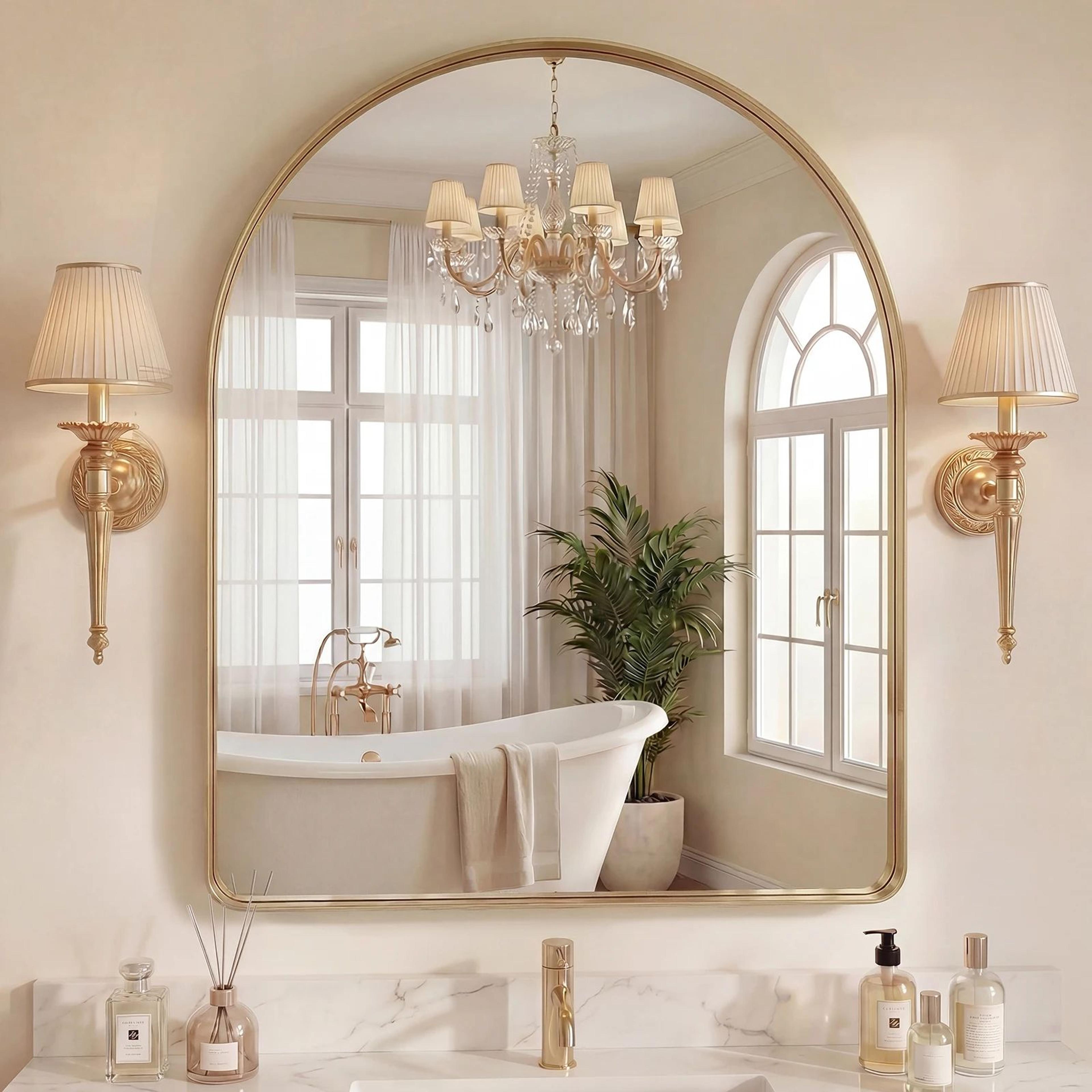 modern arched metal frame bathroom vanity wall mirror