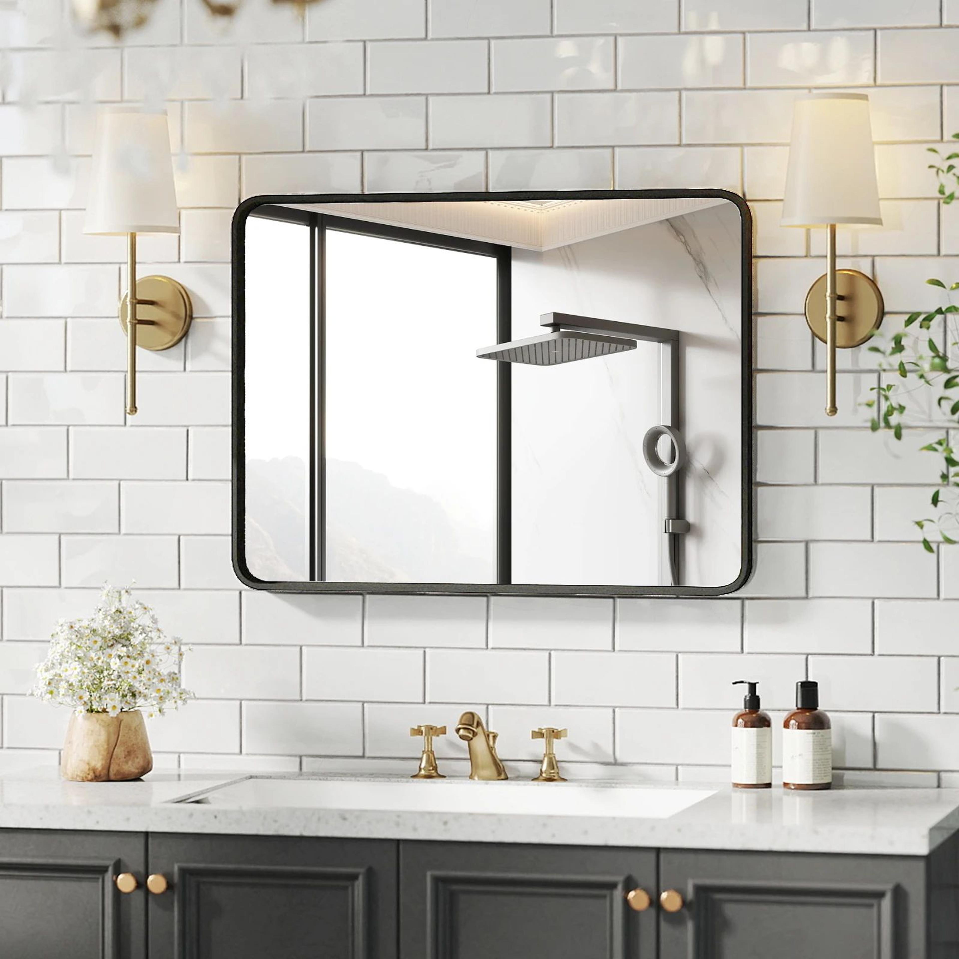 24 x 36 inch rectangle vanity mirror with matte metal frame and tempered glass