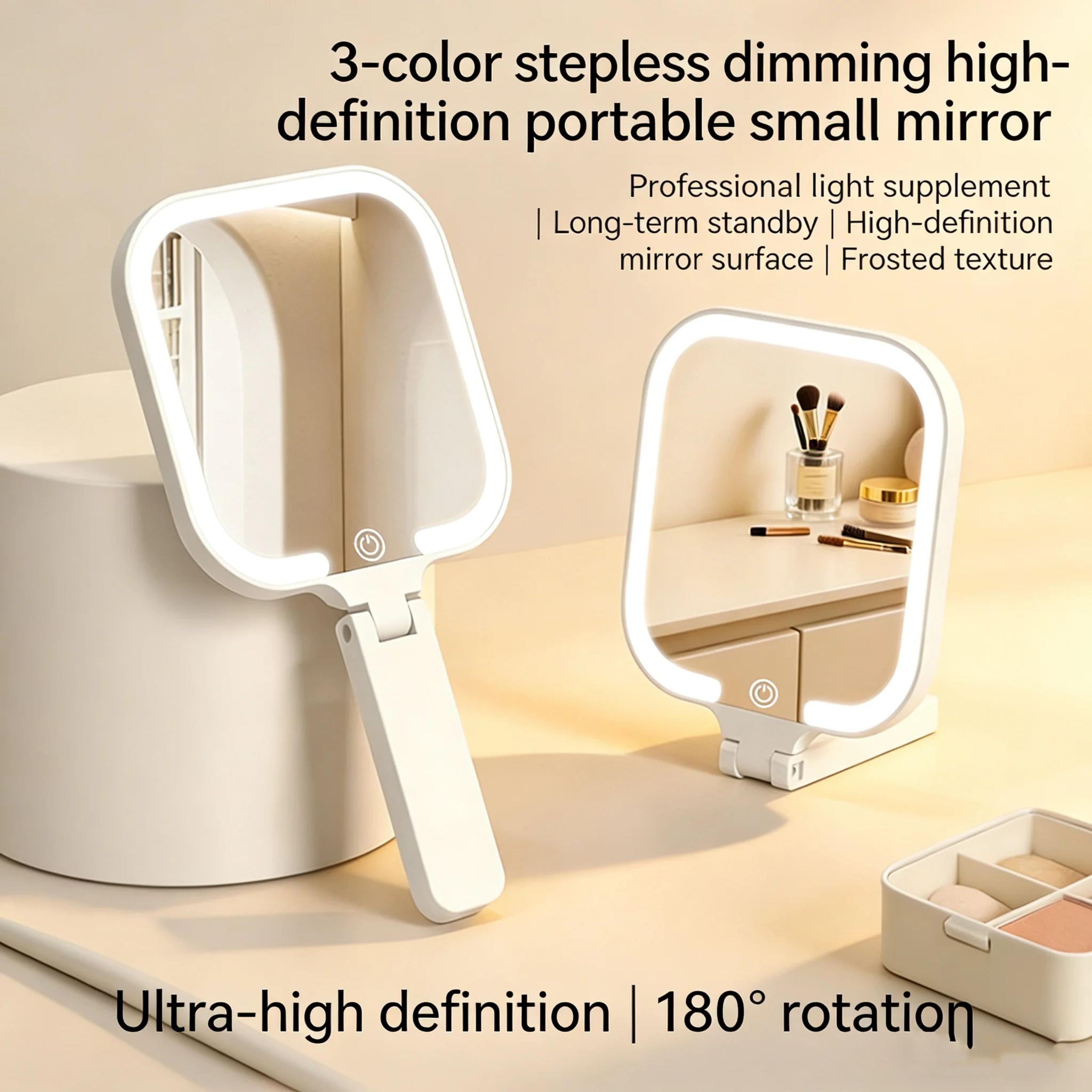 rechargeable 3 color dimmable led makeup mirror with 180° foldable touch control
