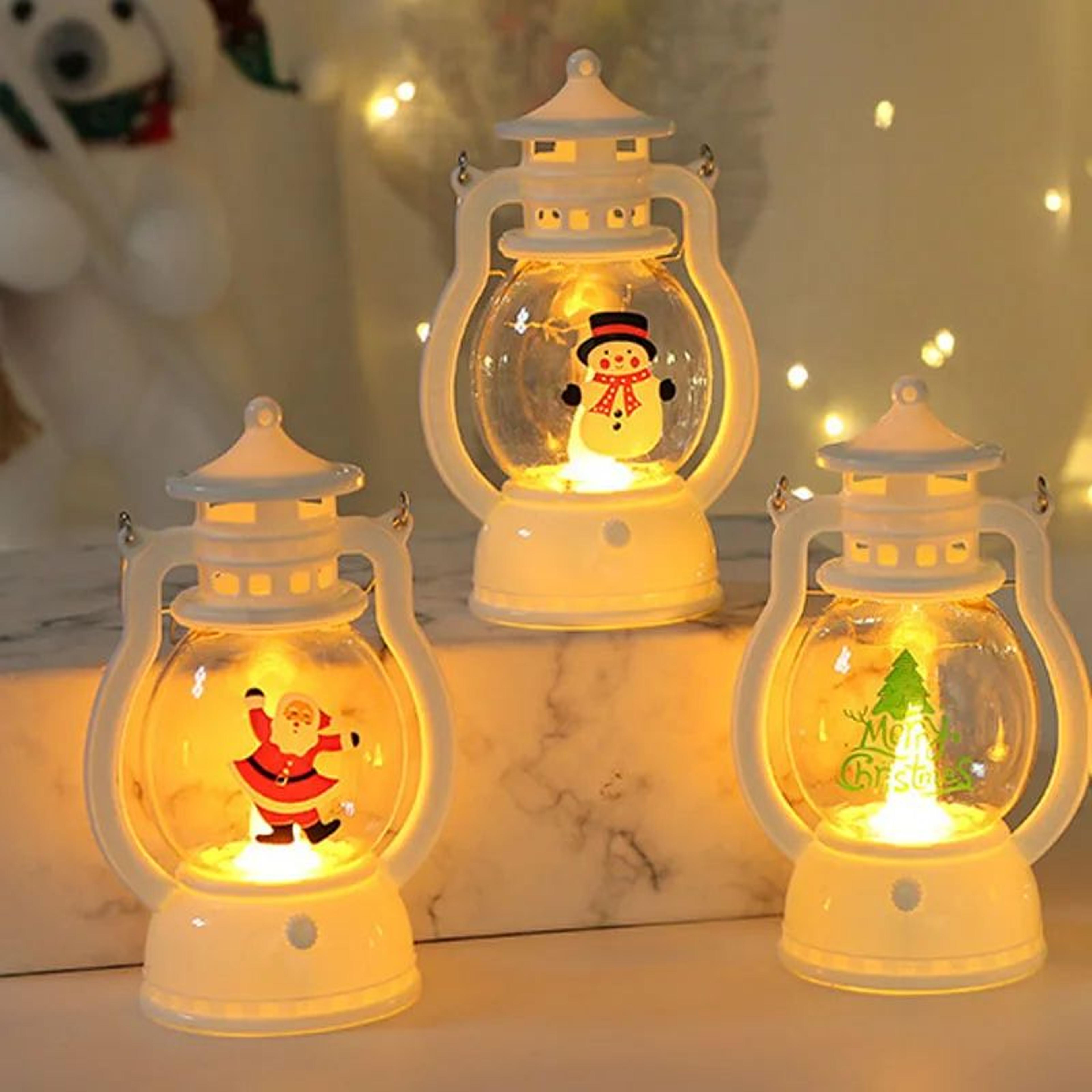 portable led christmas lantern with santa snowman warm light
