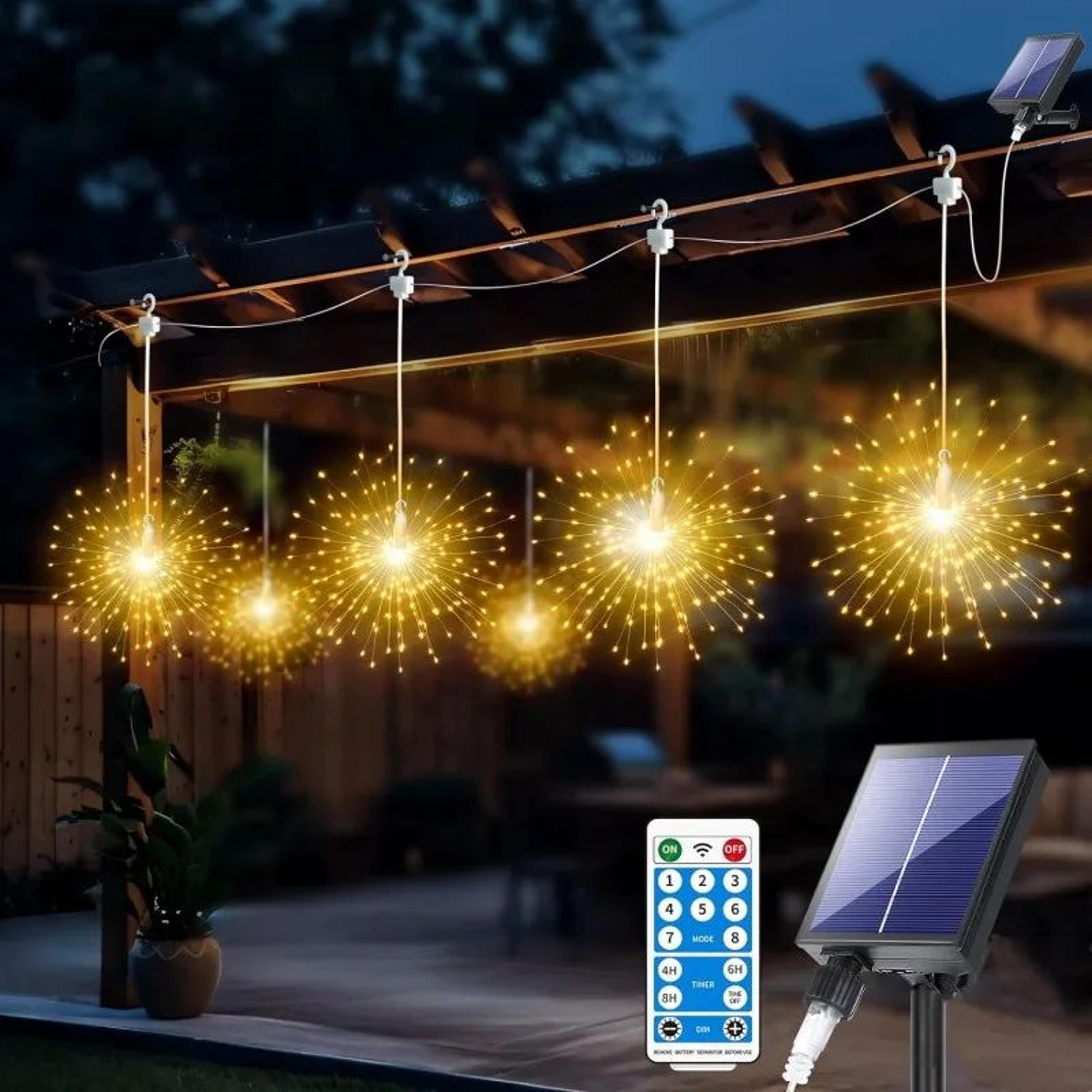 5 pack 450 led solar firework lights with remote, 8 modes and timer