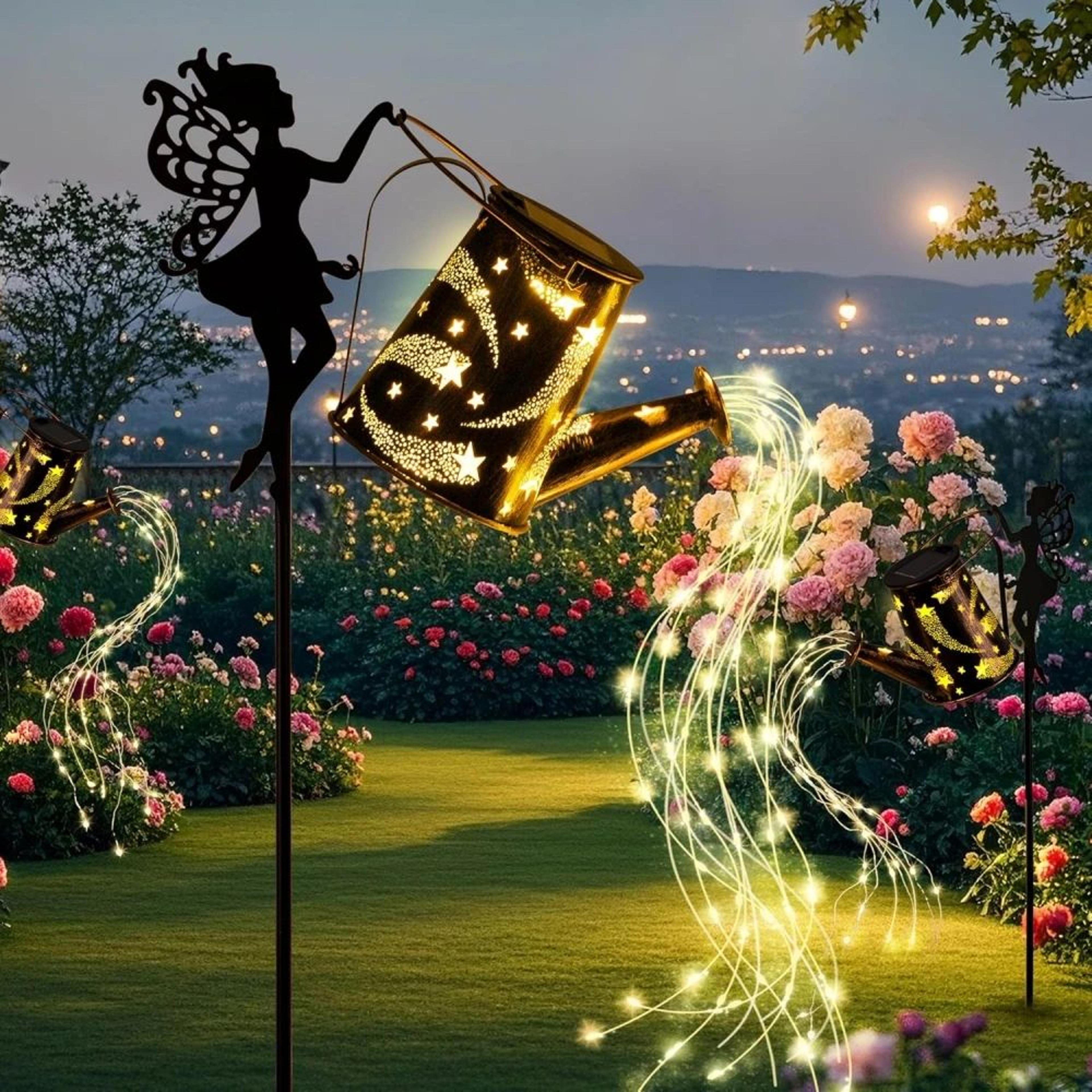 solar watering can garden light with cascading fairy lights - waterproof metal hanging lantern