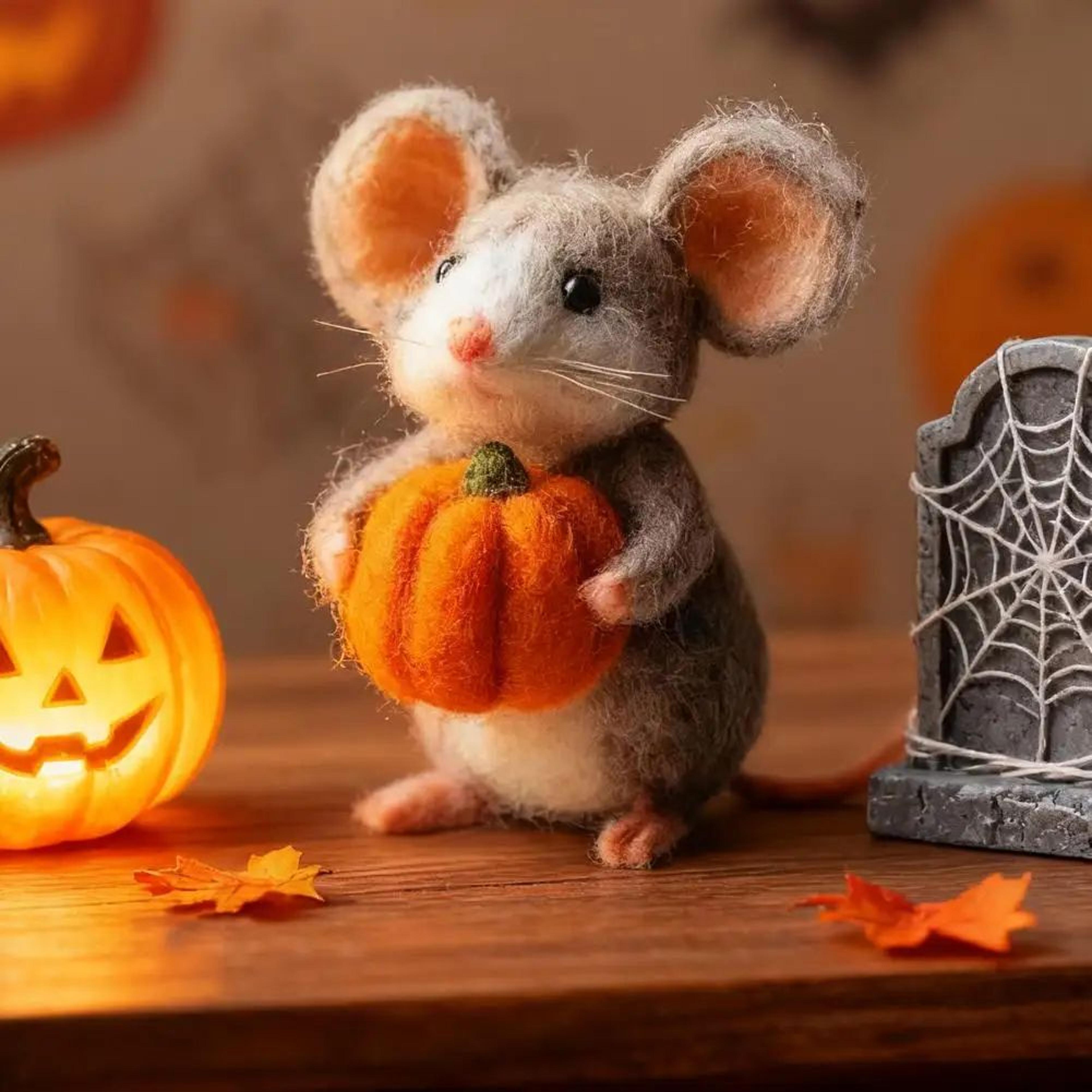 handmade wool felt mouse figurine with pumpkin for halloween and christmas decor