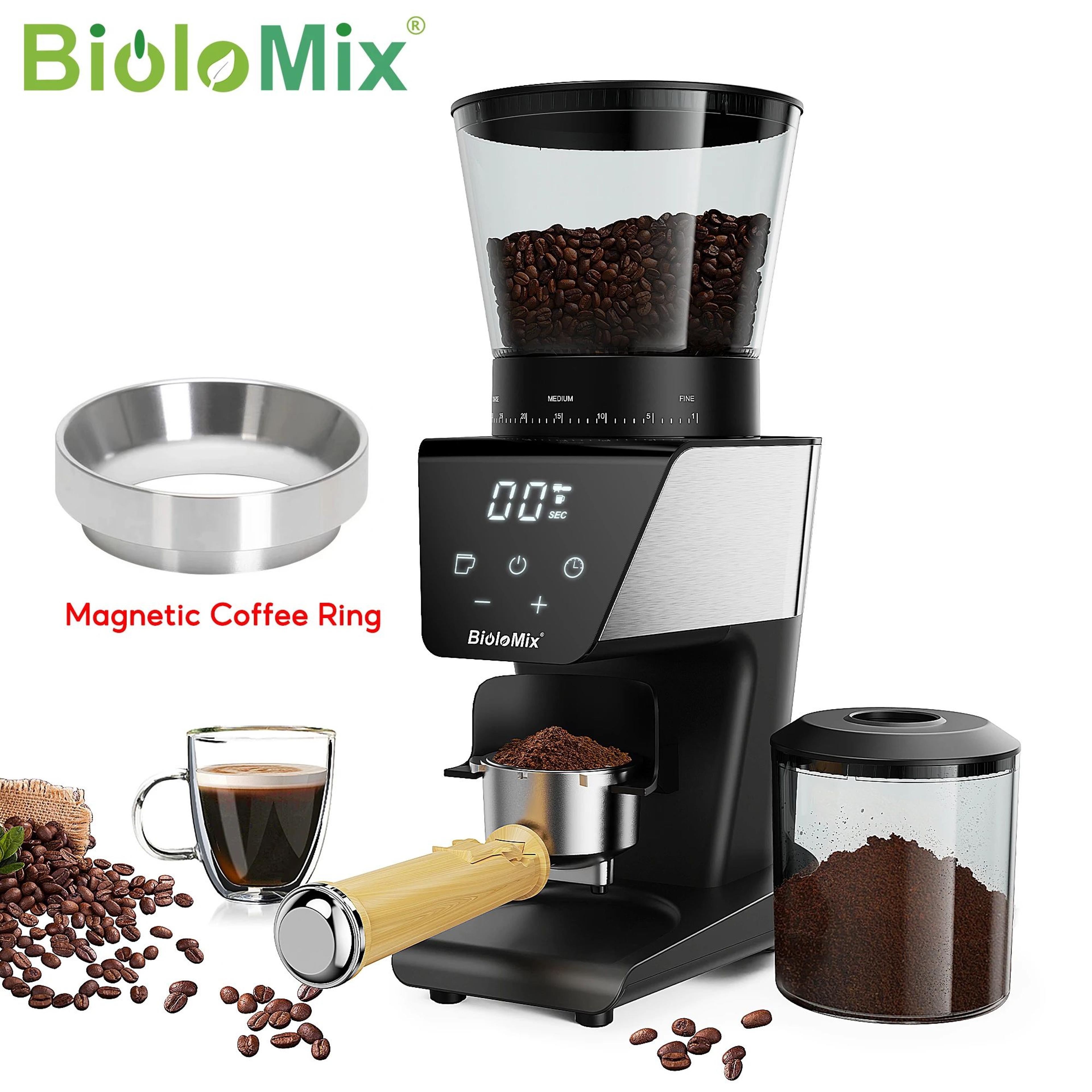 biolomix 30-setting conical burr electric coffee grinder with digital timer and magnetic dosing ring