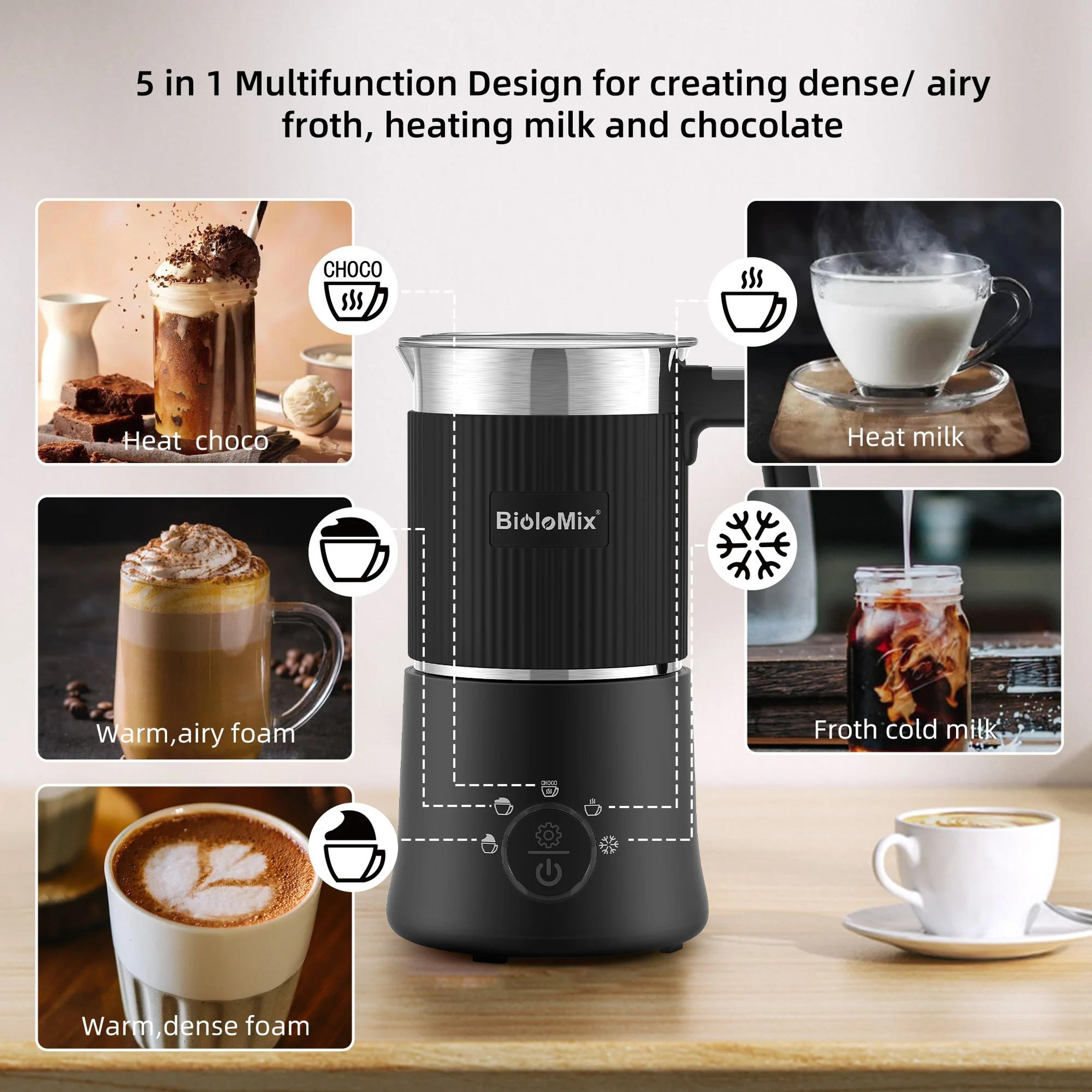 biolomix 5-in-1 automatic milk frother and steamer for hot cold foam and hot chocolate