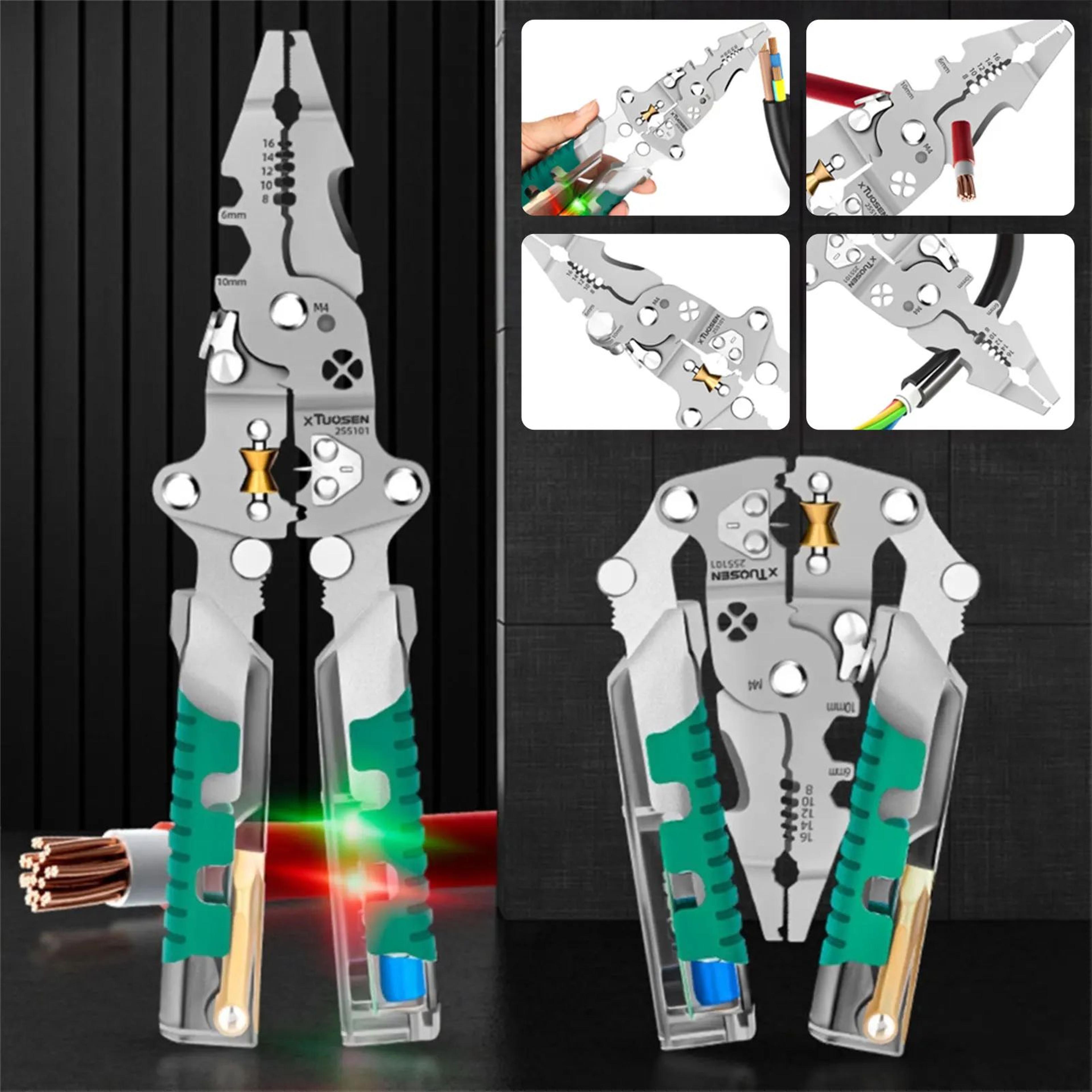 foldable wire stripper pliers with voltage tester, cable cutter and crimping tool