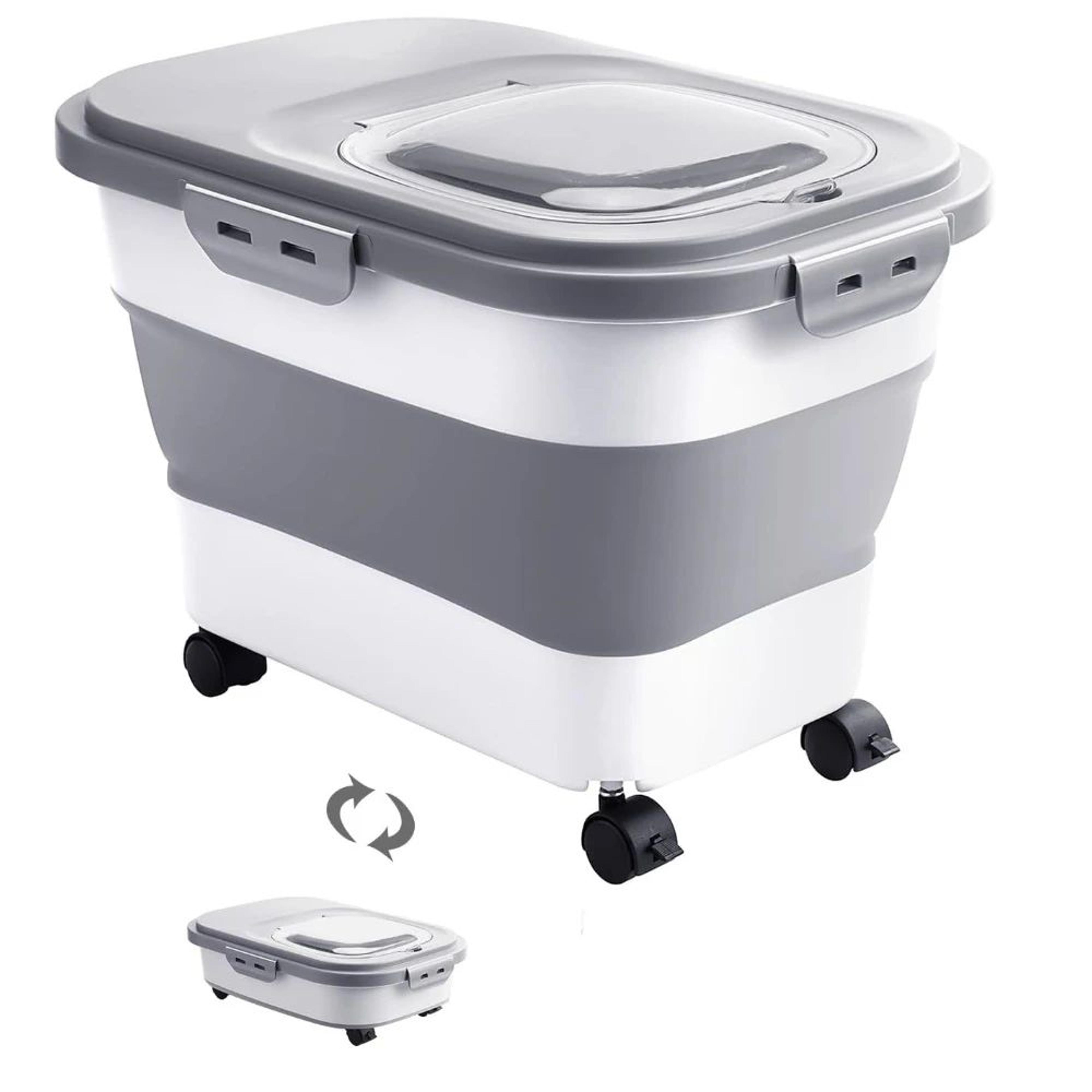 foldable airtight pet food storage container with clear lid and wheels