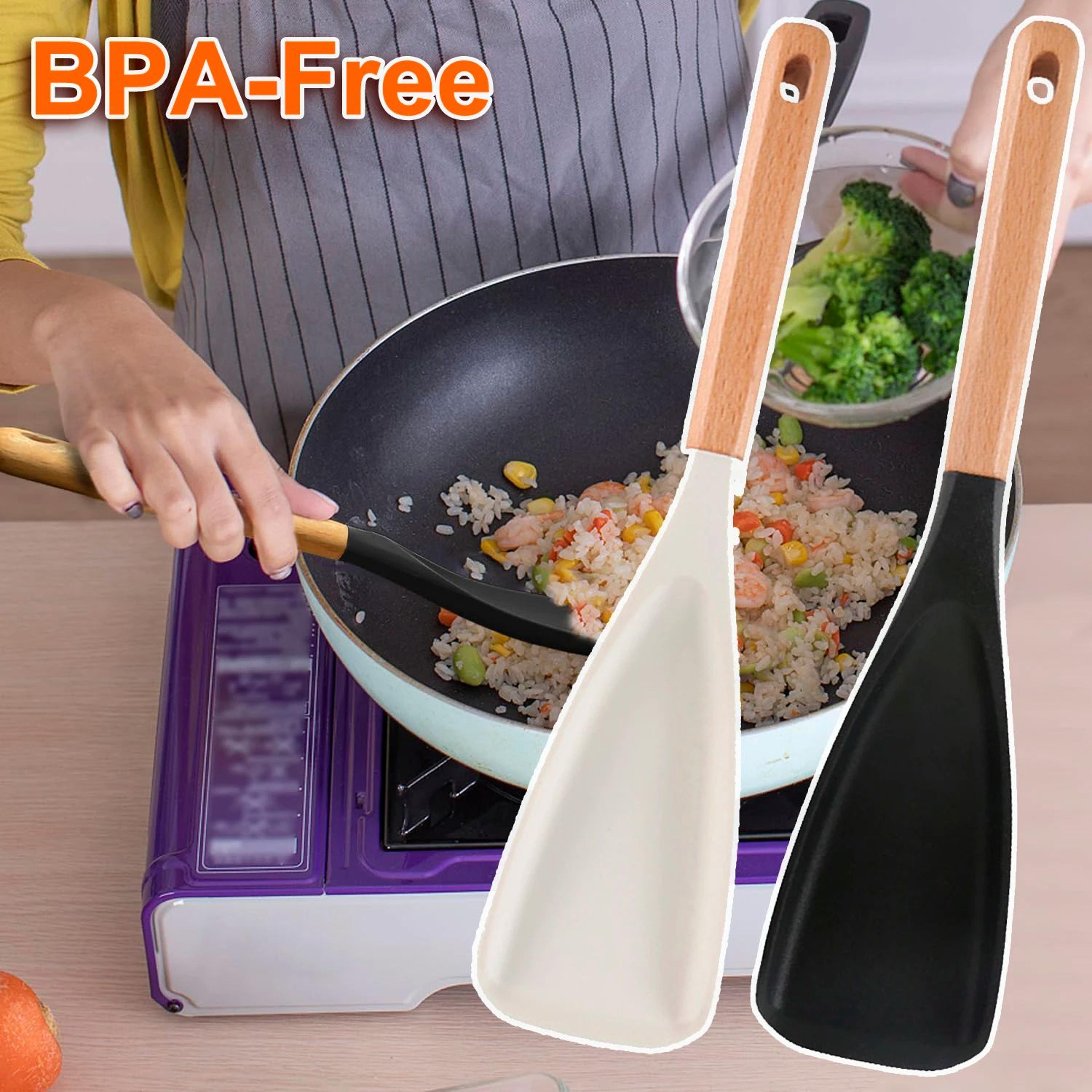 silicone cooking spoon with wood handle for nonstick cookware and rice scooping