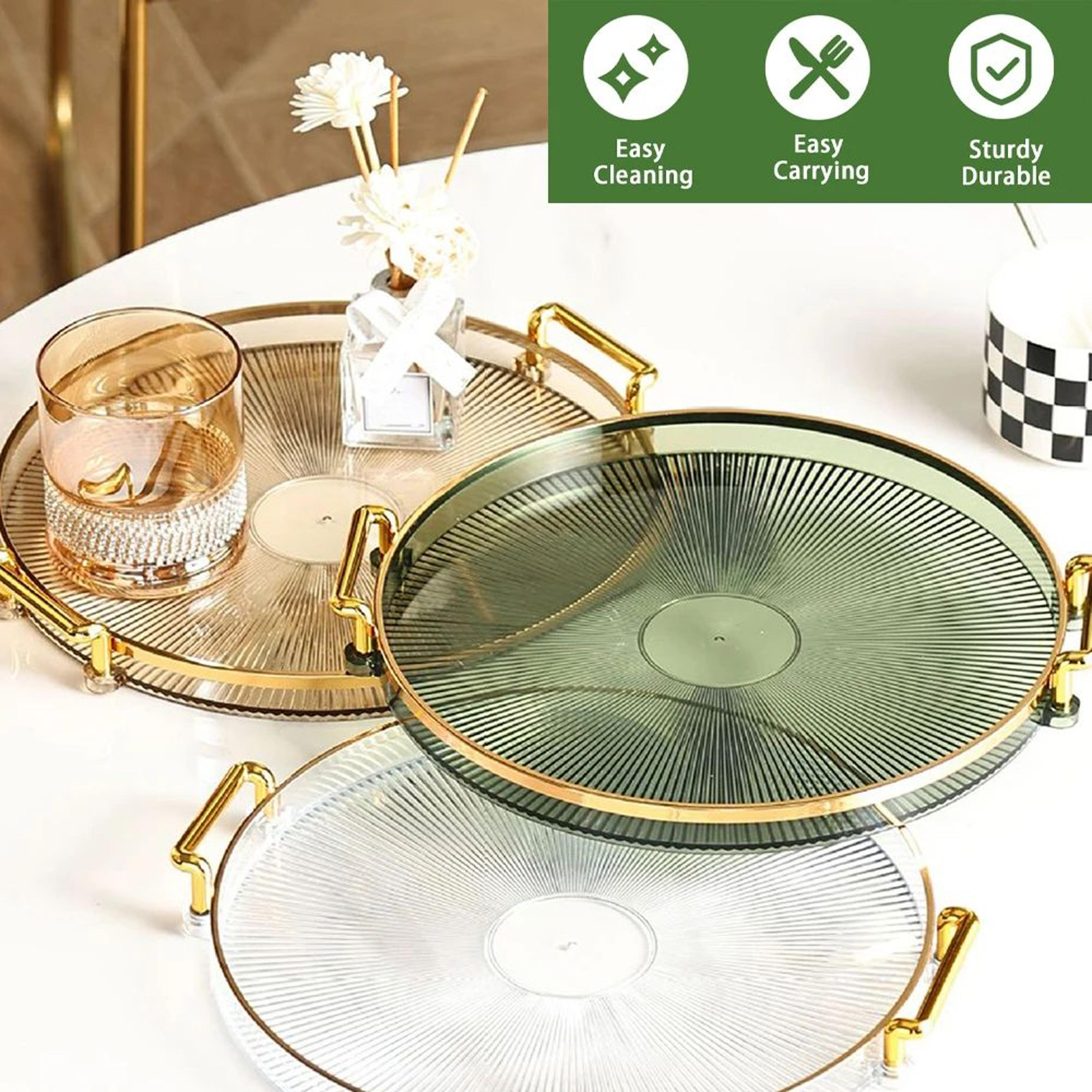 round acrylic serving tray with handles for coffee table kitchen and bathroom