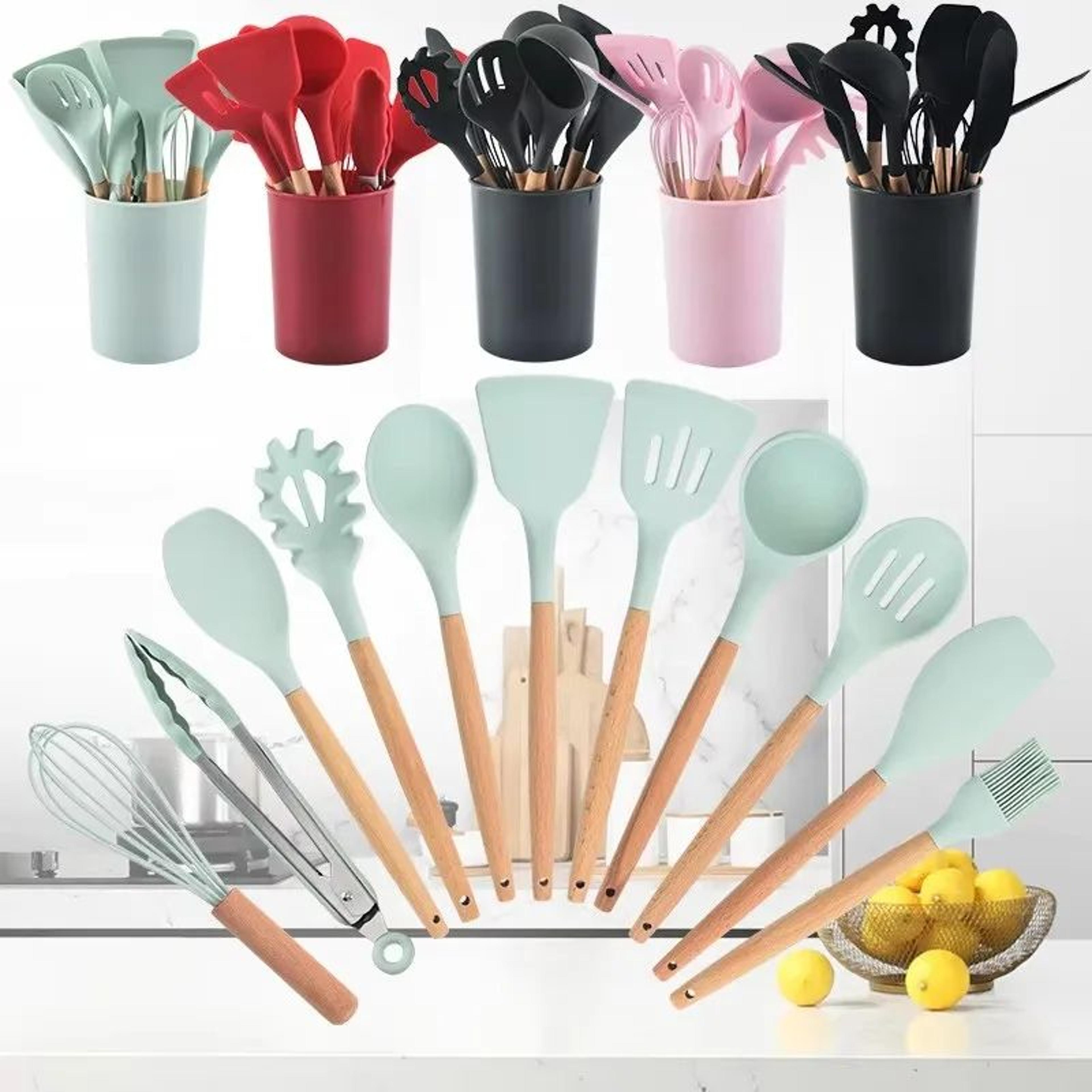 12pcs silicone kitchen utensil set with wooden handles and storage holder