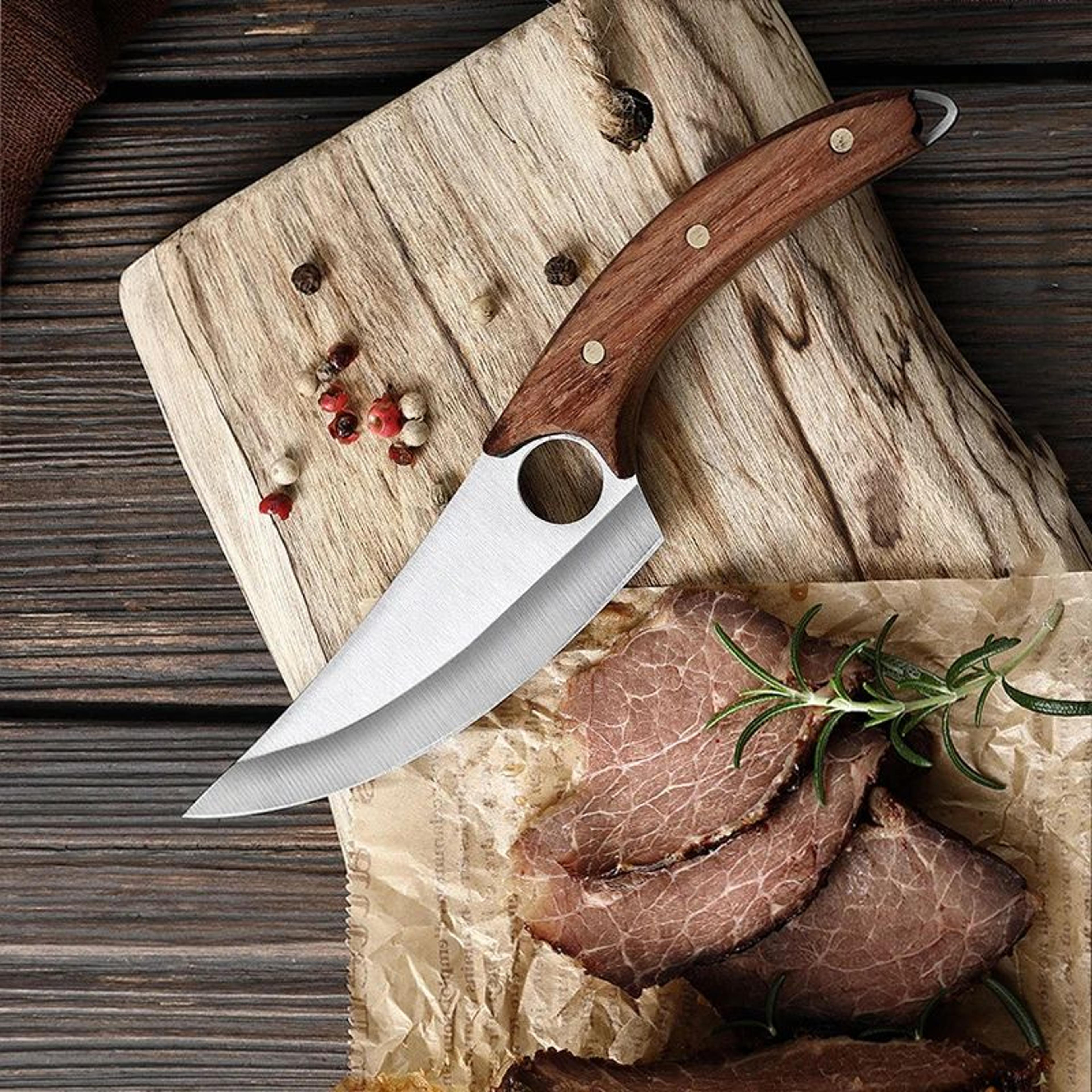 hand forged boning knife with wooden handle and protective cover