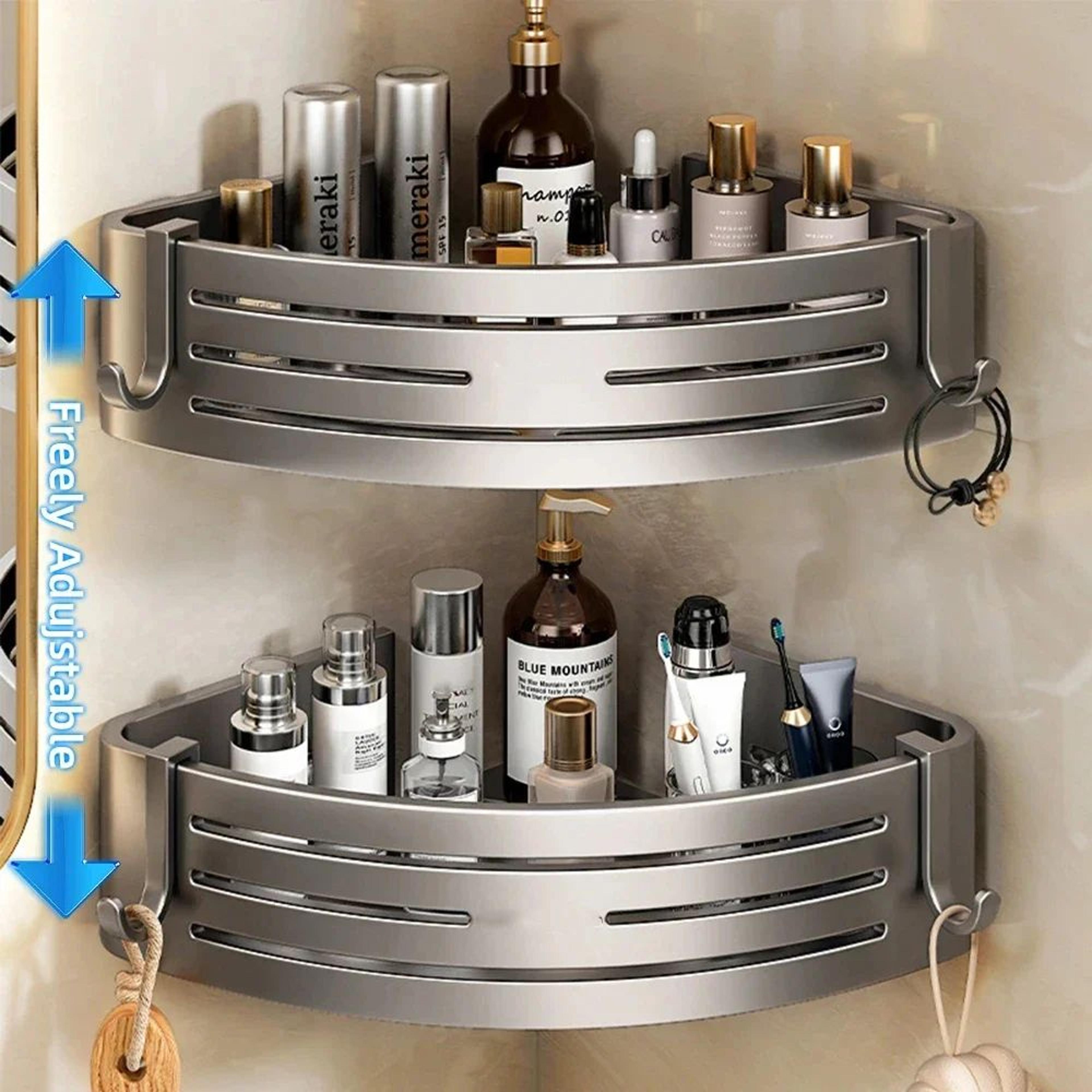 no-drill aluminum corner shower shelf with towel bar and hooks