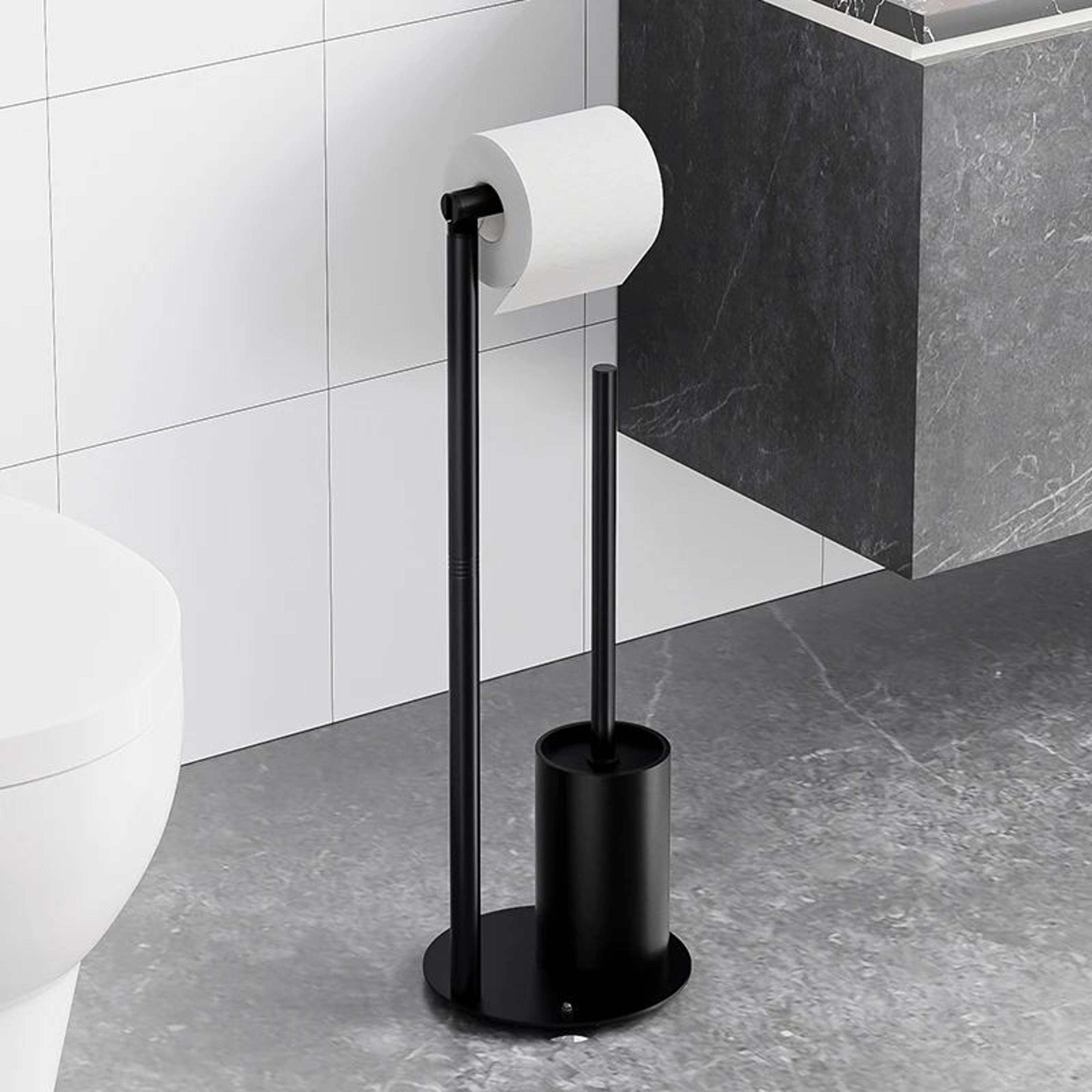 freestanding toilet paper holder with toilet brush and storage shelf