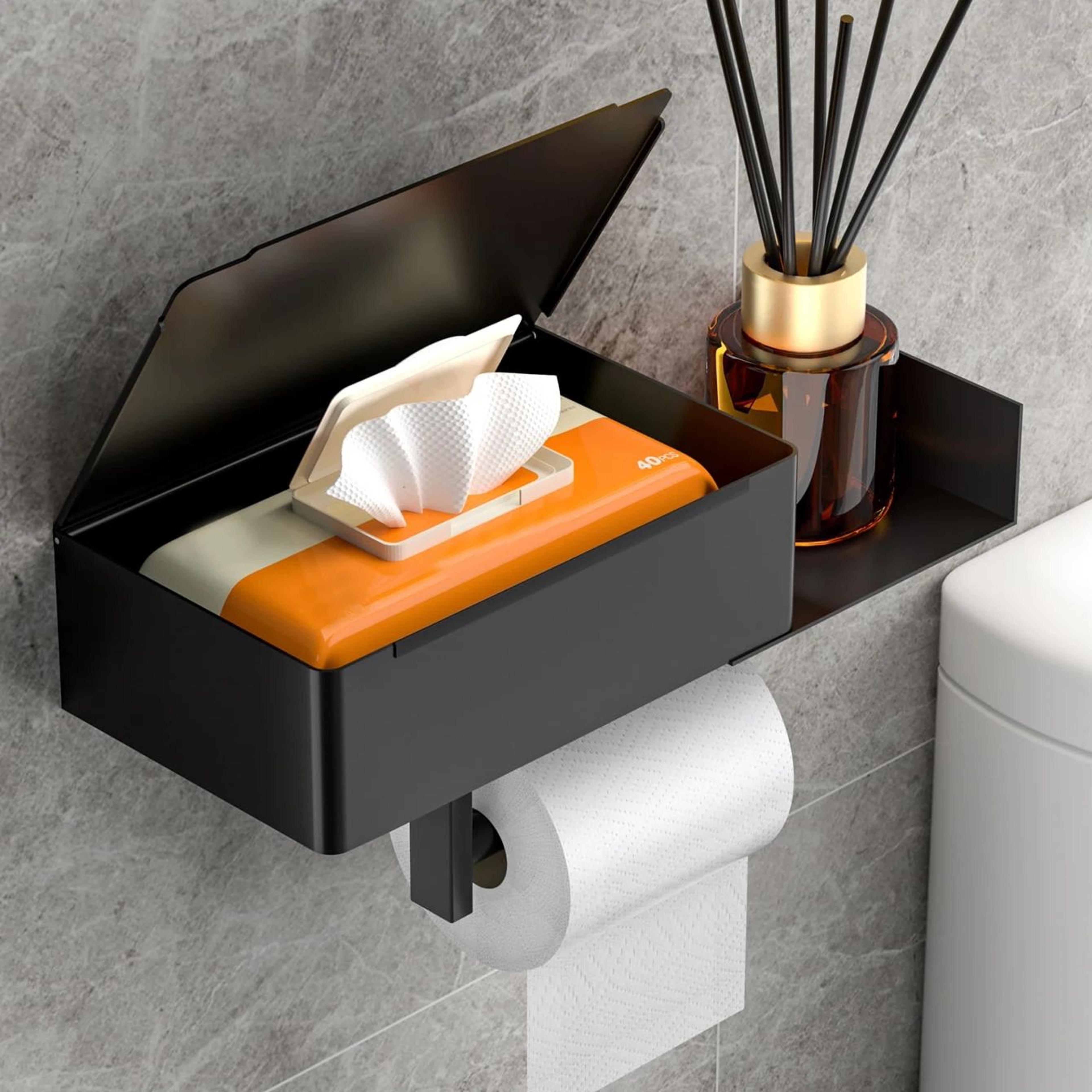 wall mounted toilet paper holder with wet wipe storage shelf
