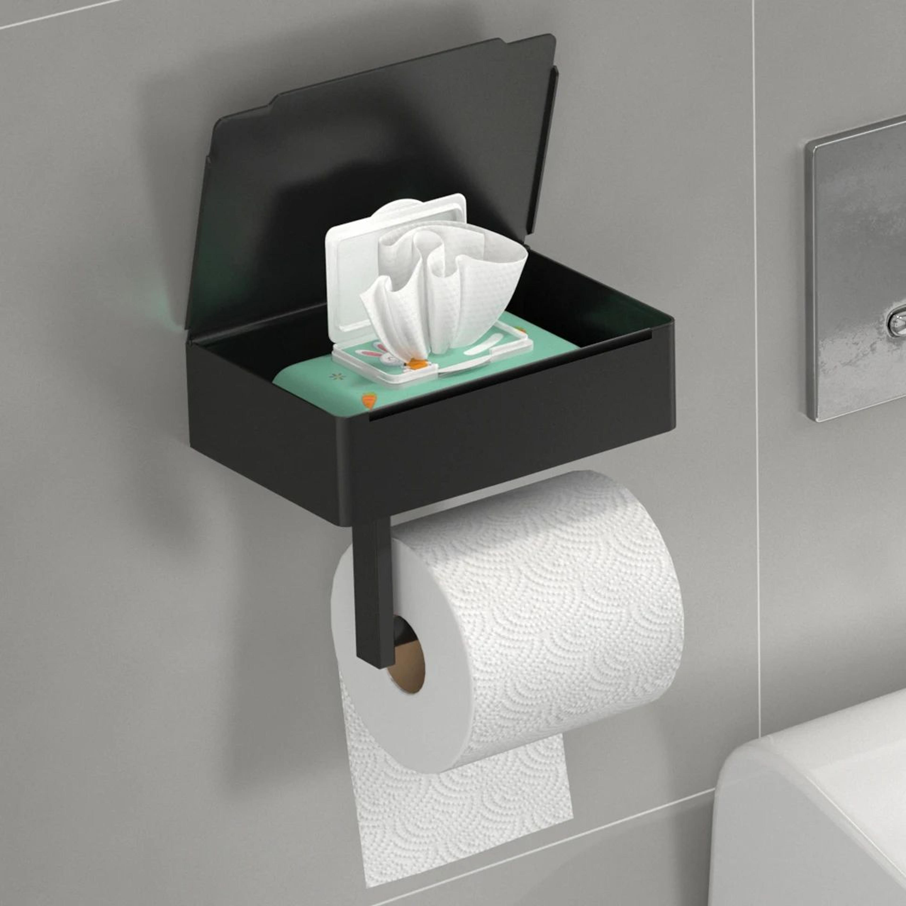 2-in-1 adhesive toilet paper holder with shelf and storage box