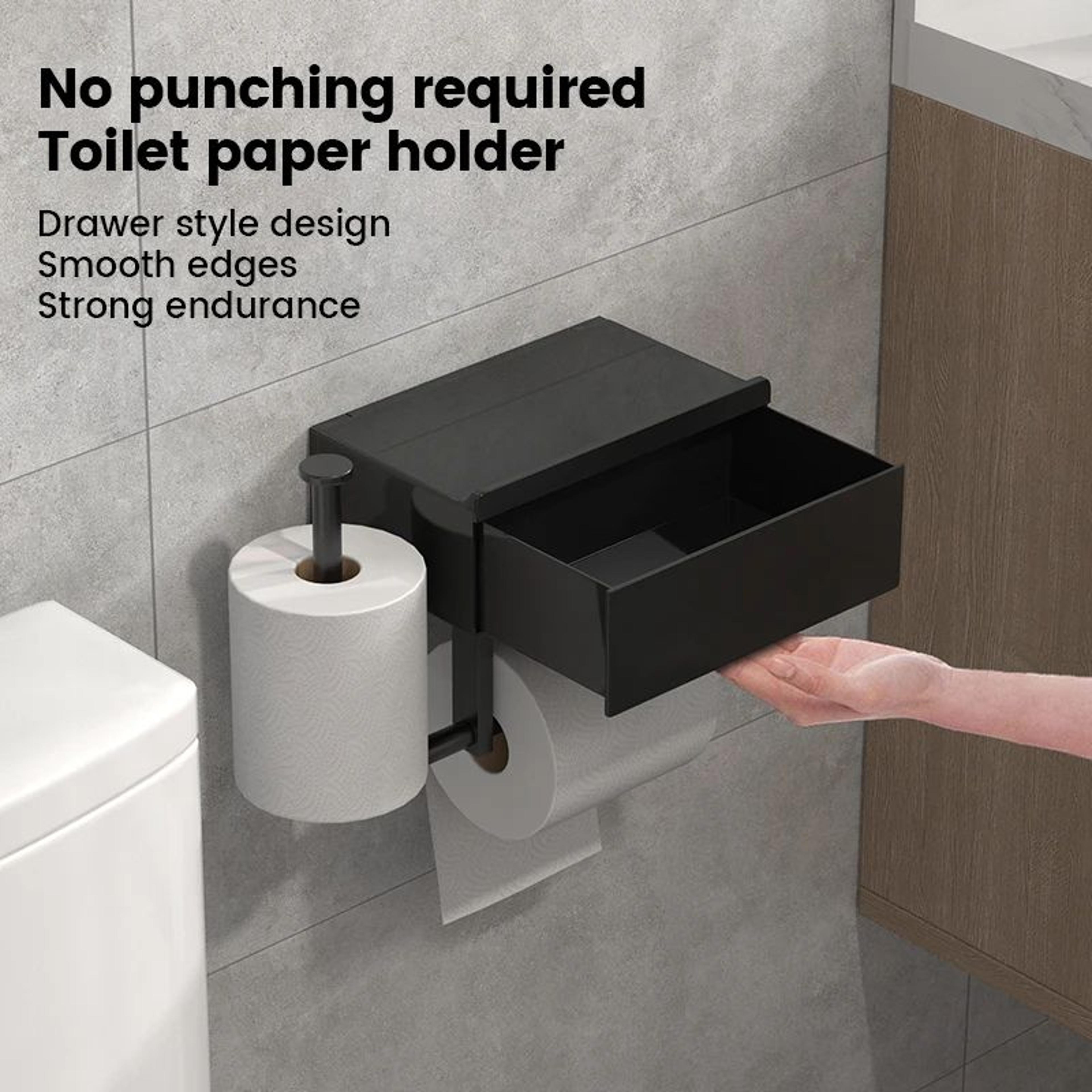wall mounted toilet paper holder with shelf and drawer no drill bathroom organizer