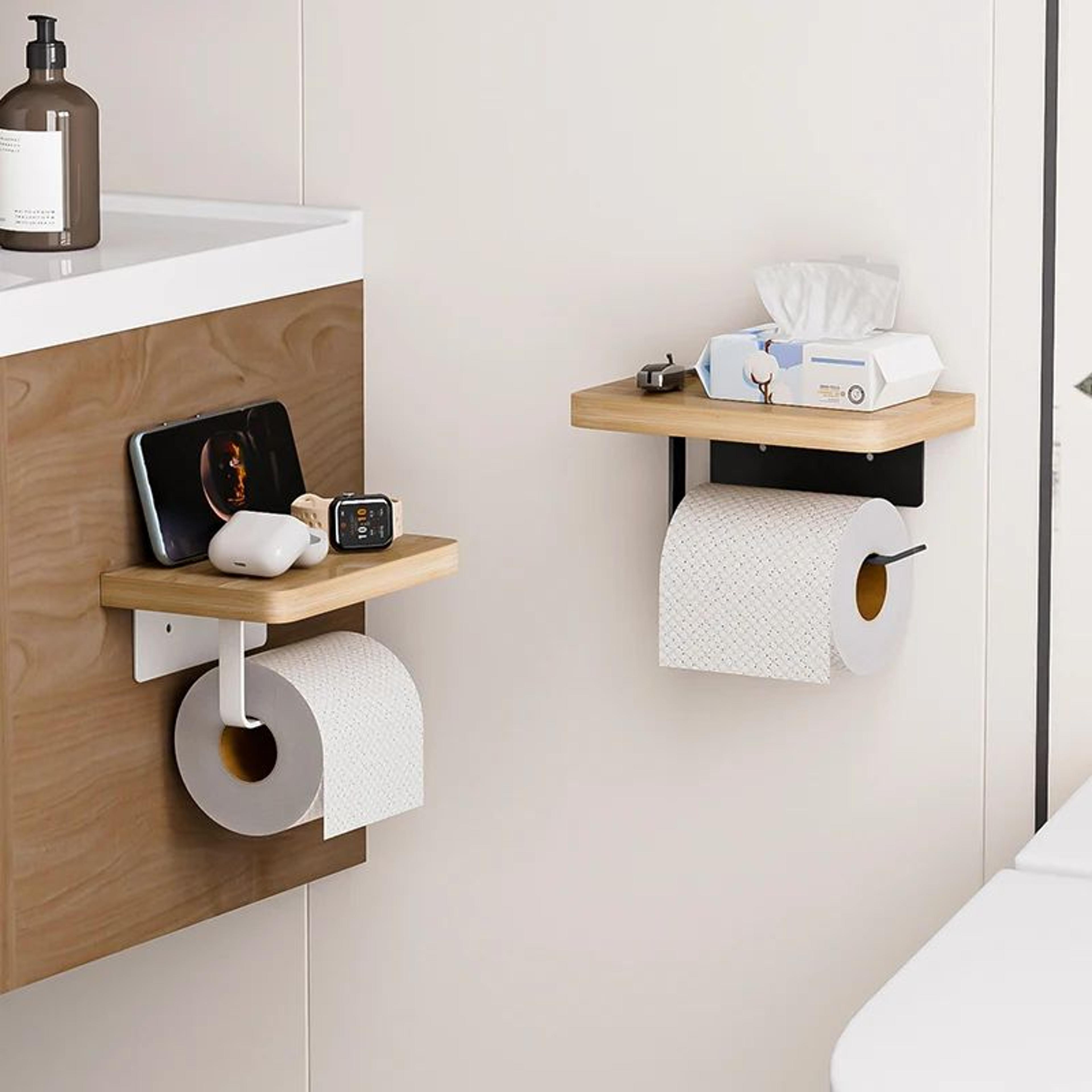 solid wood toilet paper holder with shelf no drill wall mounted bathroom organizer