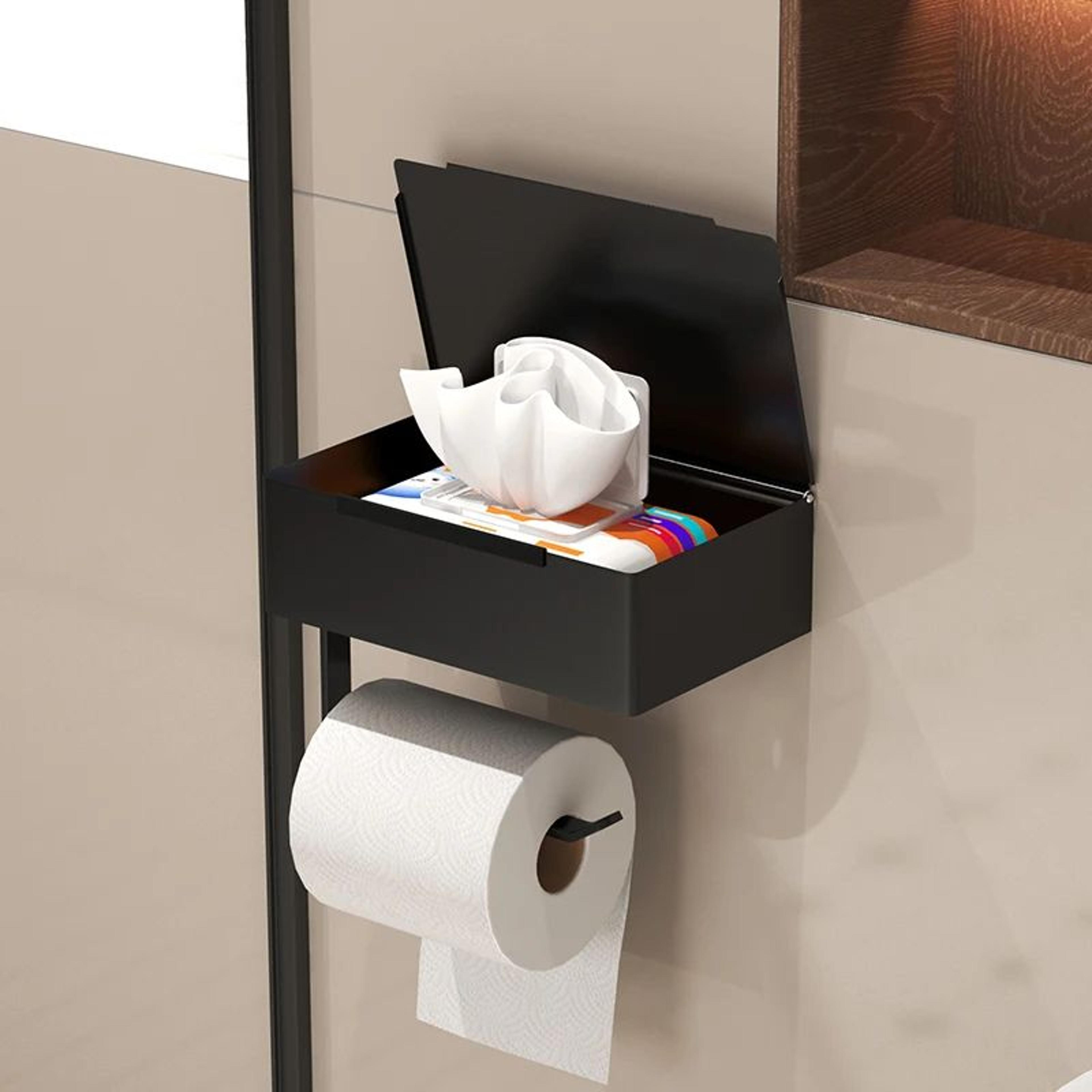 no-drill toilet paper holder with wet wipe storage box and bathroom shelf