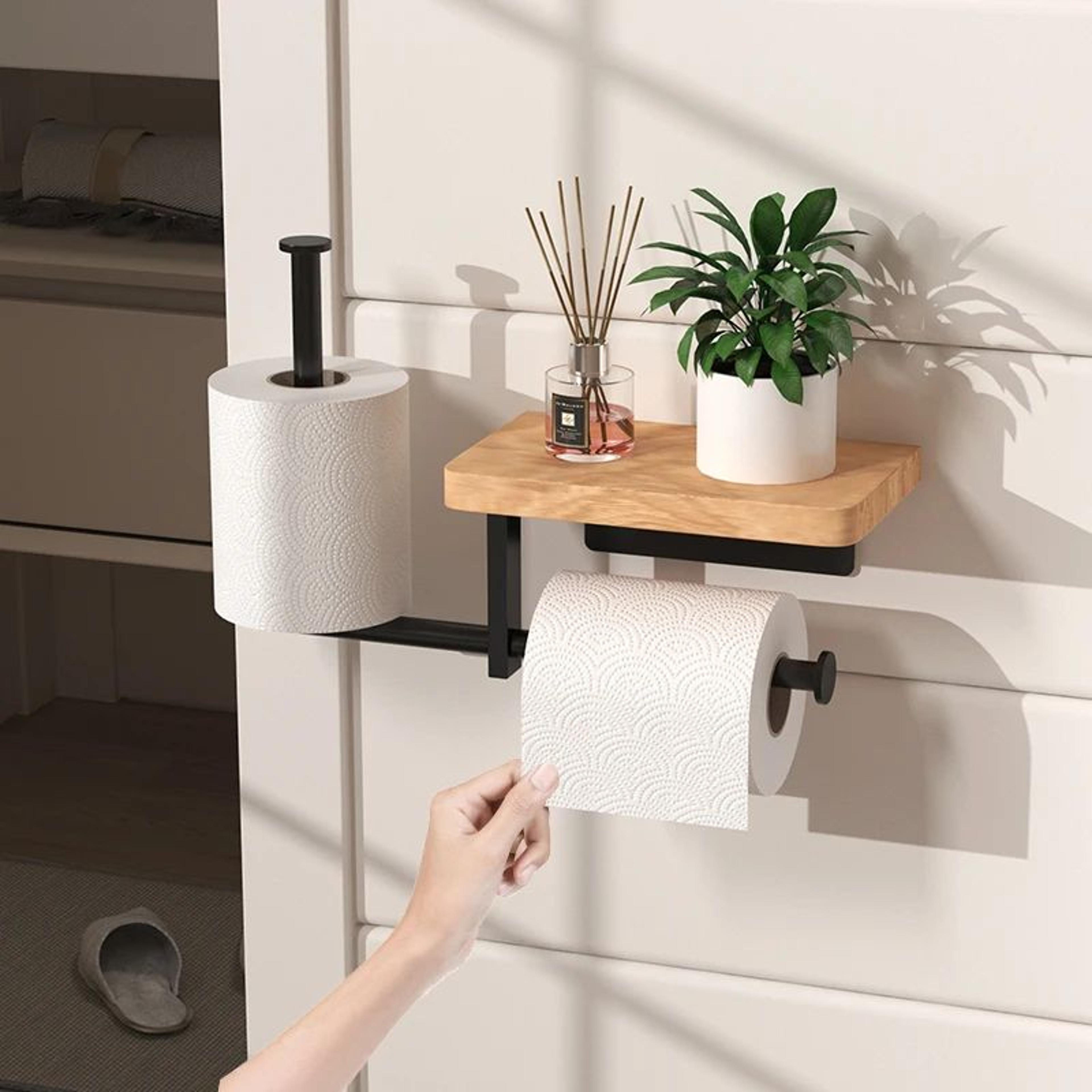 wooden wall mounted toilet paper holder with shelf and towel storage
