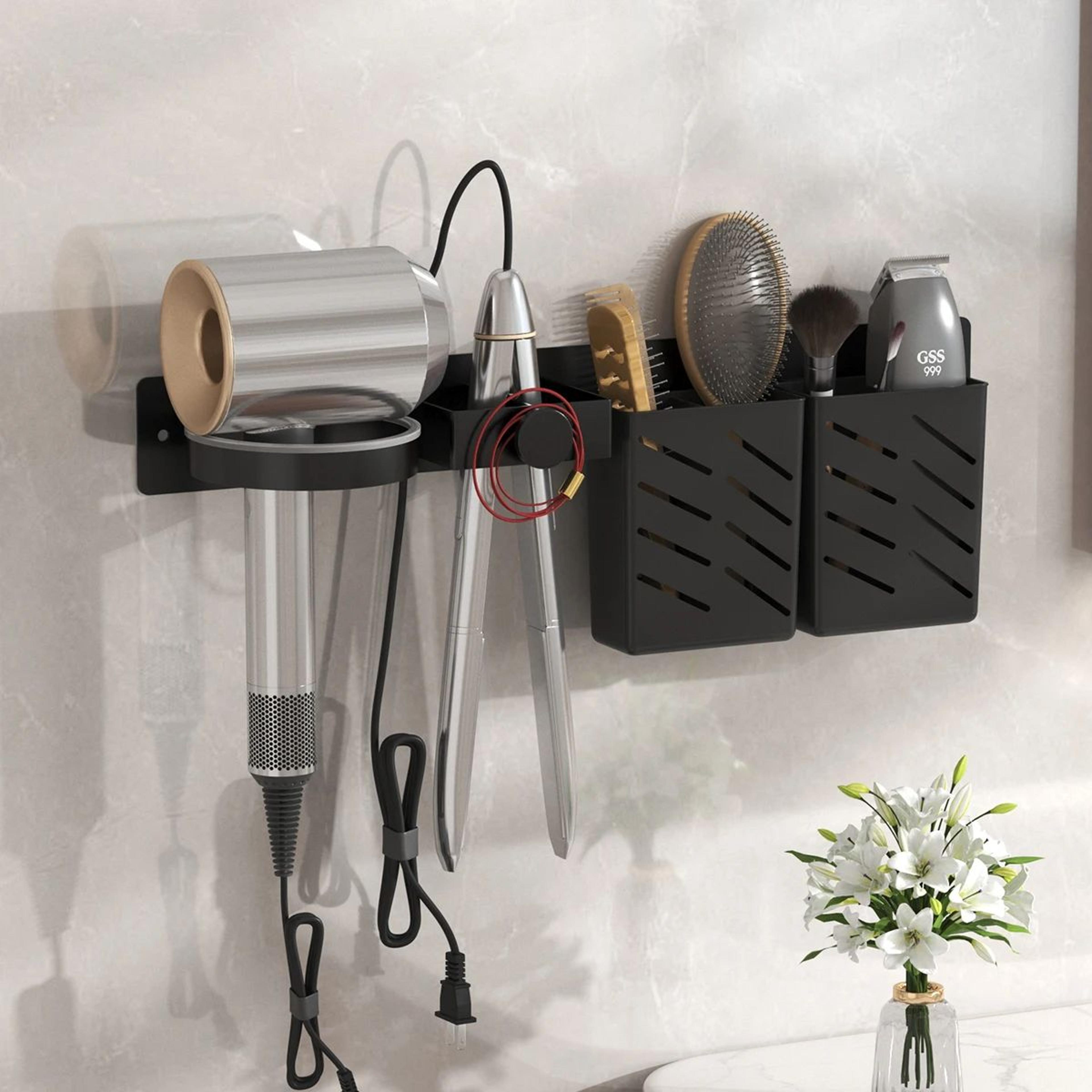 wall-mounted hair dryer holder and styling tool organizer for curling iron and straightener