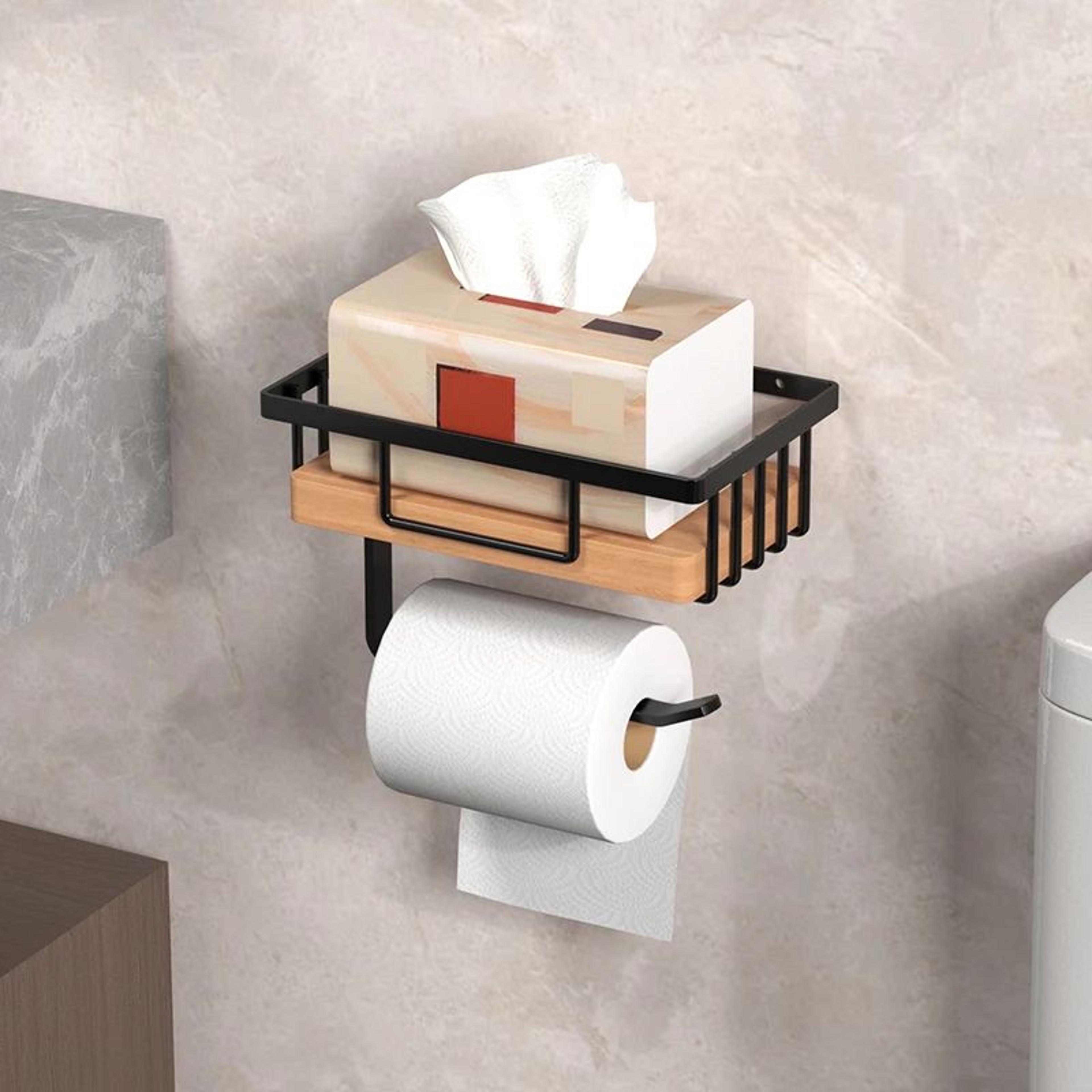 wooden toilet paper holder with shelf wall mounted bathroom organizer