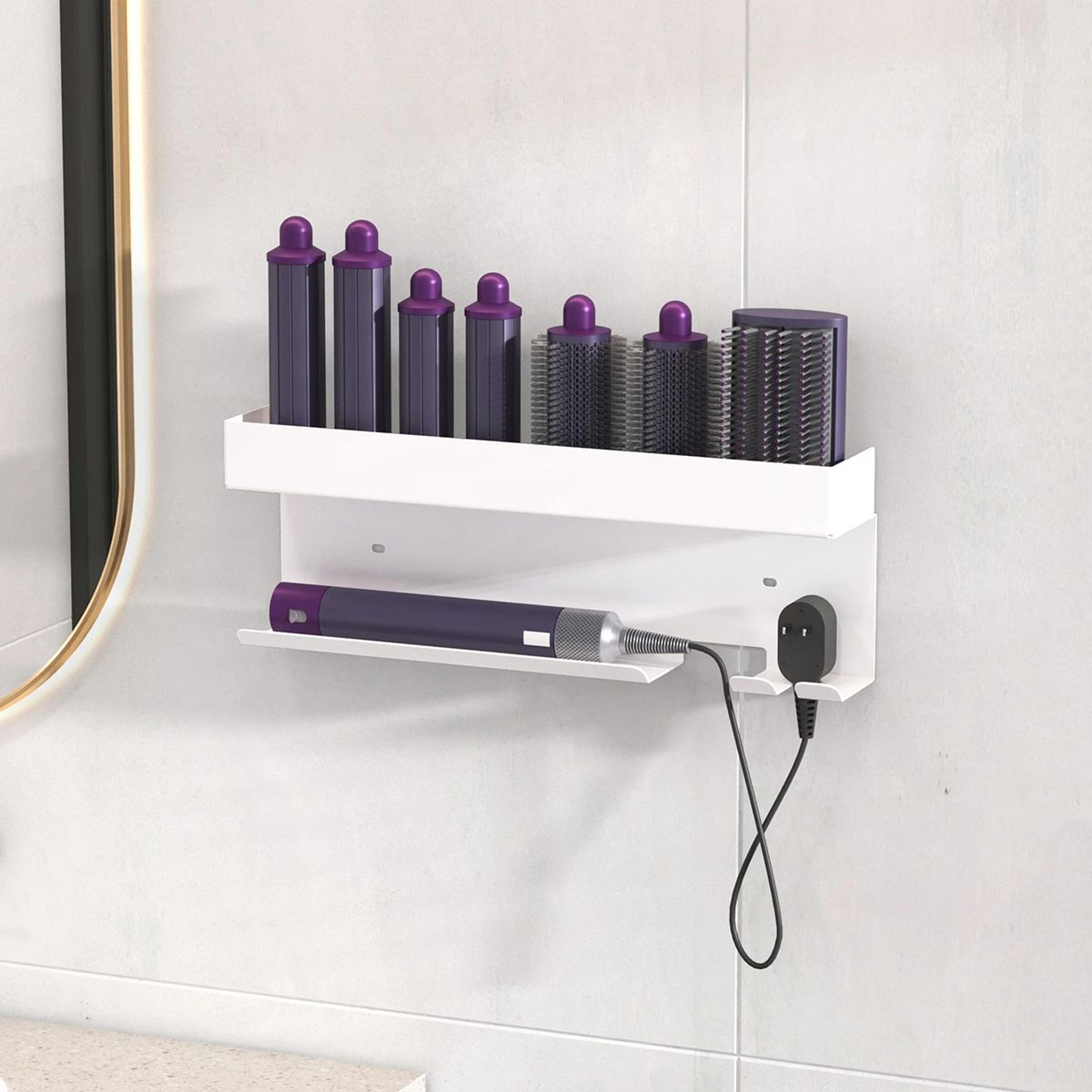 wall mounted hair dryer holder and straightener styling tool organizer