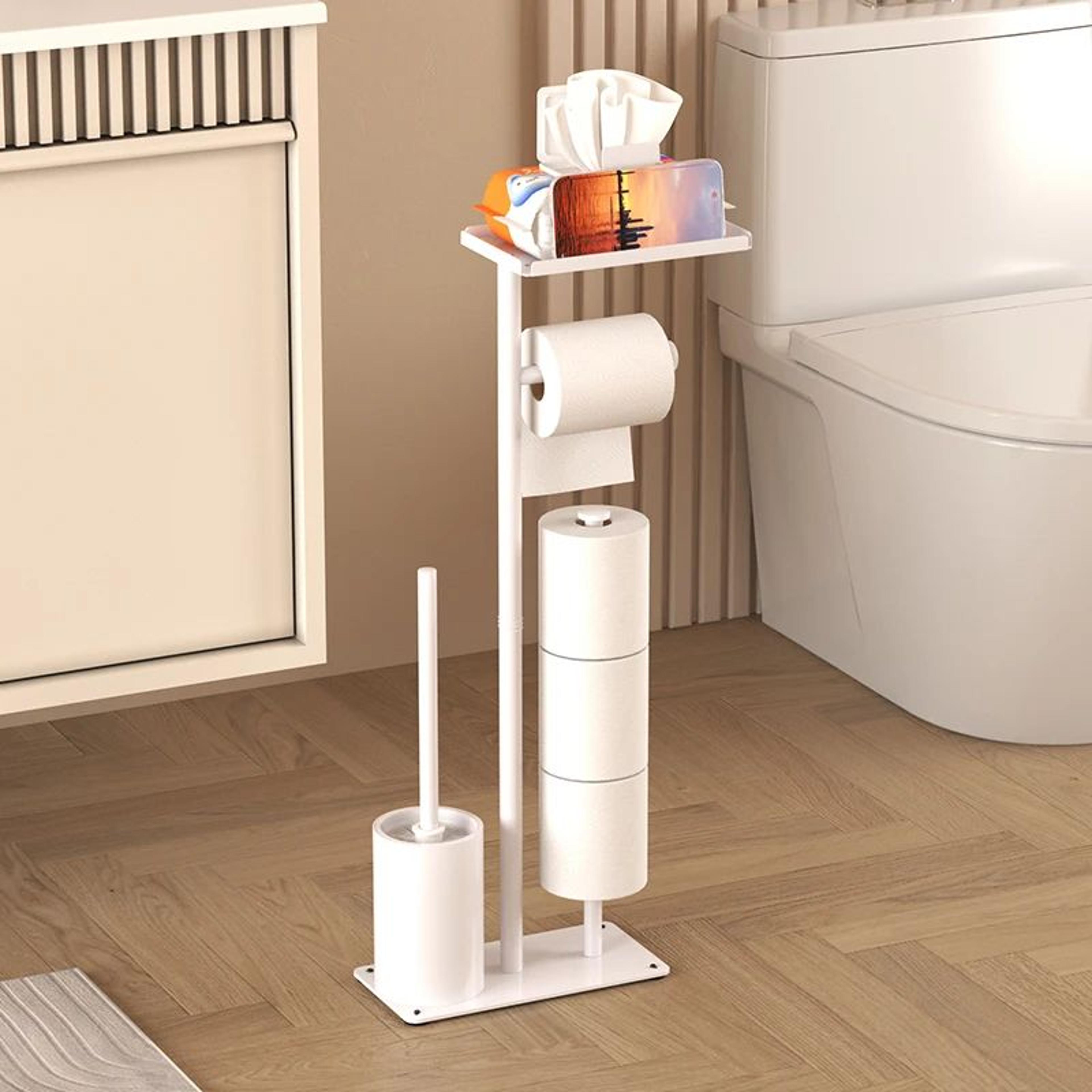 floor standing toilet paper holder with magnetic roll bar and toilet brush storage tray