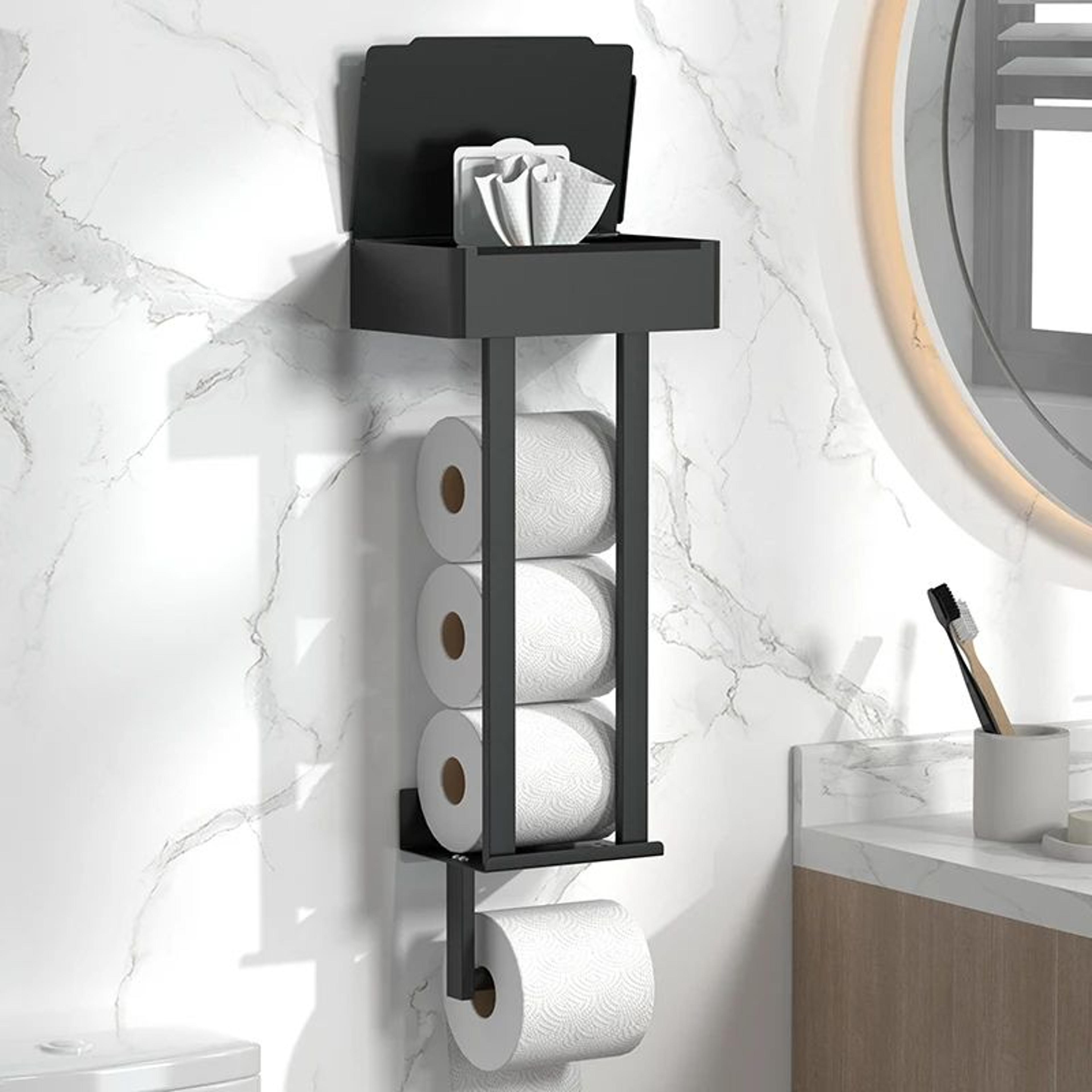 modern black freestanding toilet paper holder and towel rack