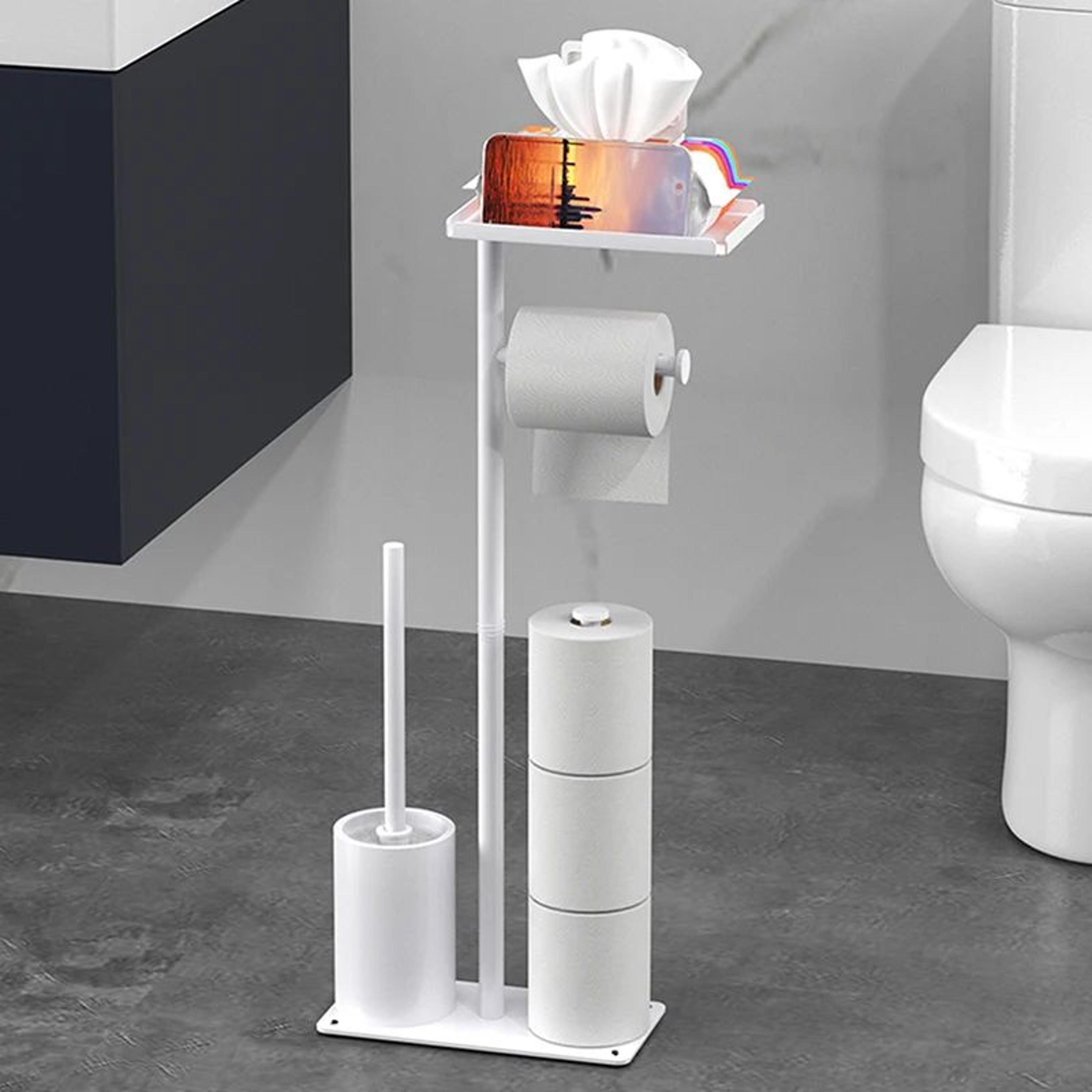 freestanding toilet paper holder with storage tray and magnetic roll bracket