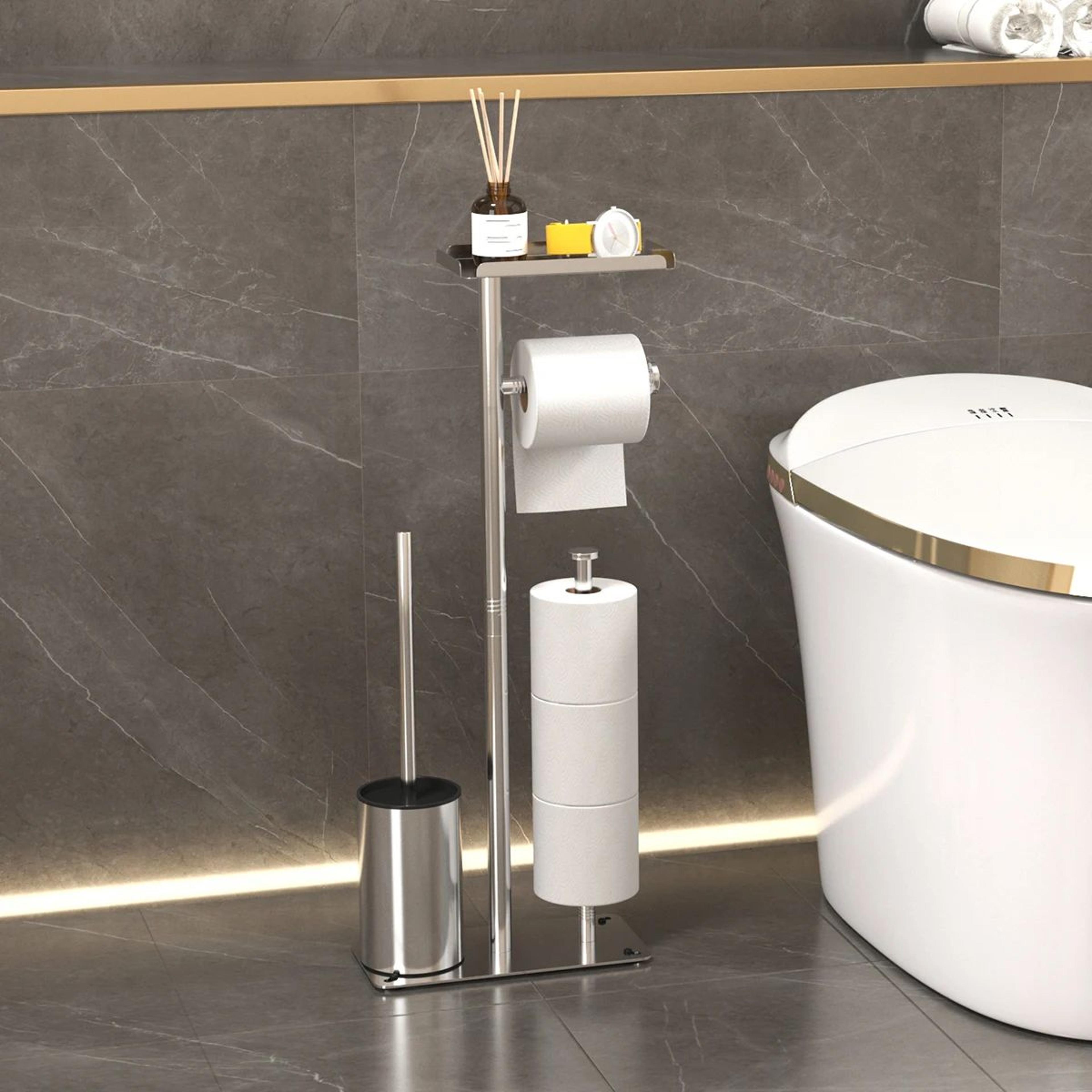luxury floor standing toilet paper holder with toilet brush and storage rack