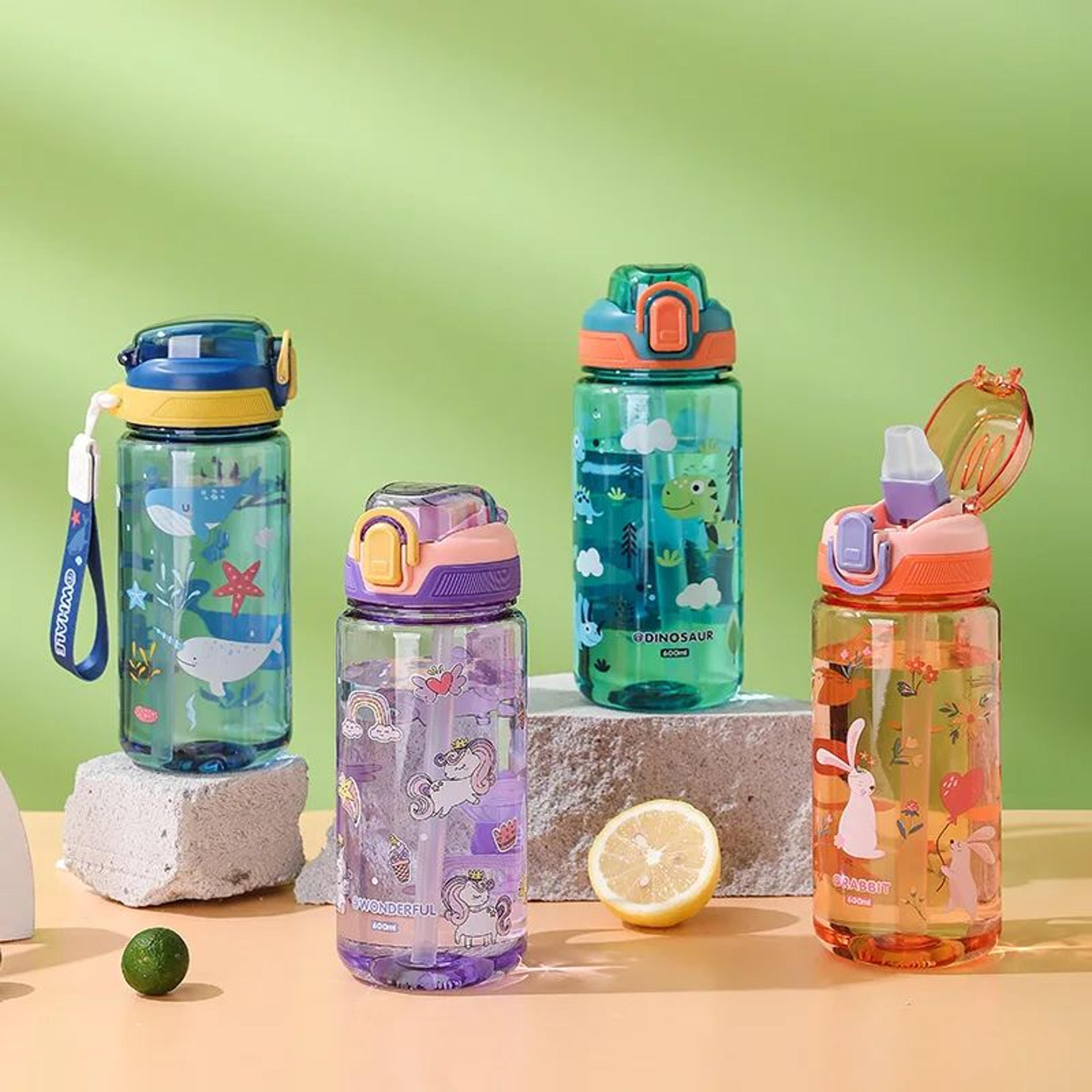 600ml cartoon animal kids water bottle with leak-proof safety lock and straw