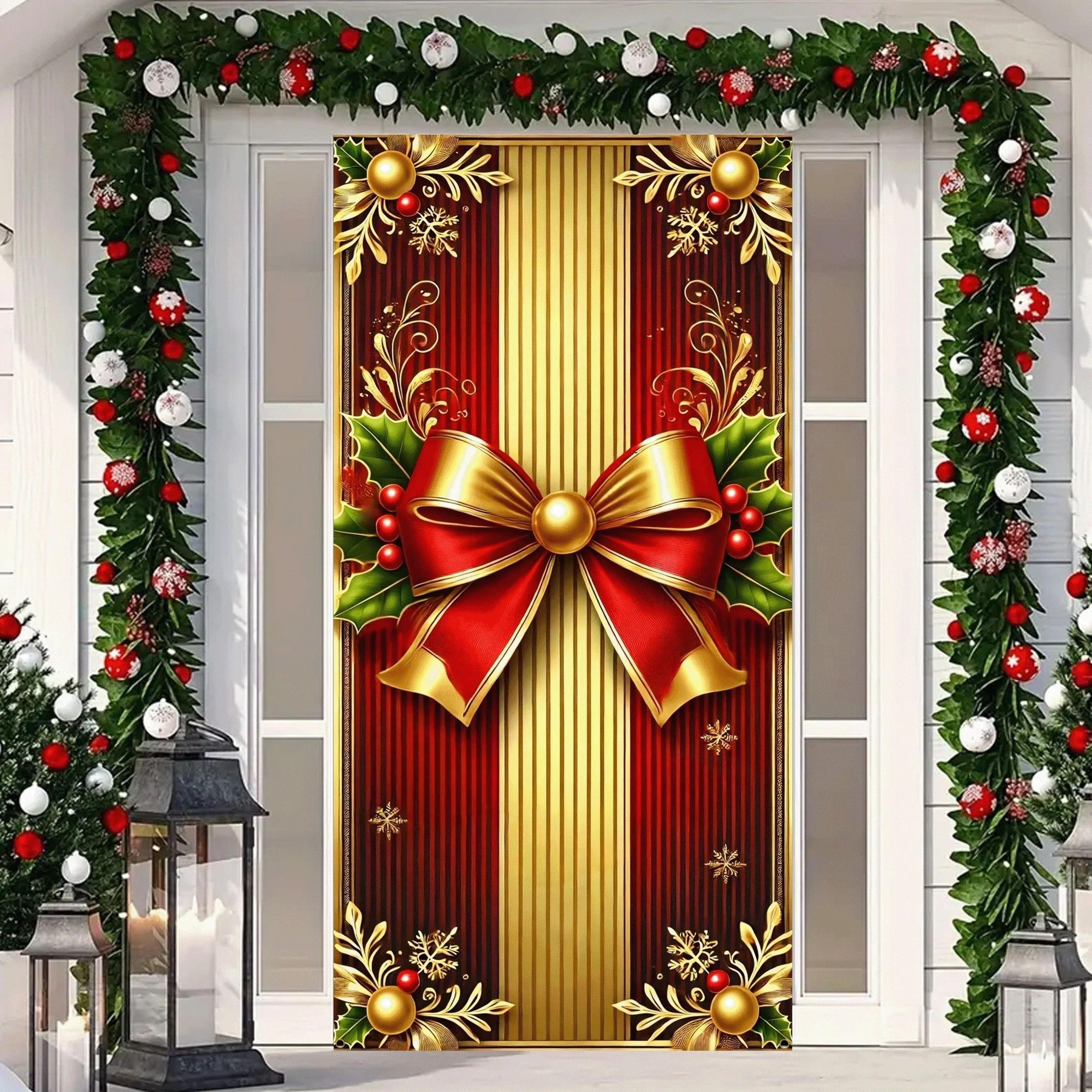 red gold christmas door cover with bow holiday door banner
