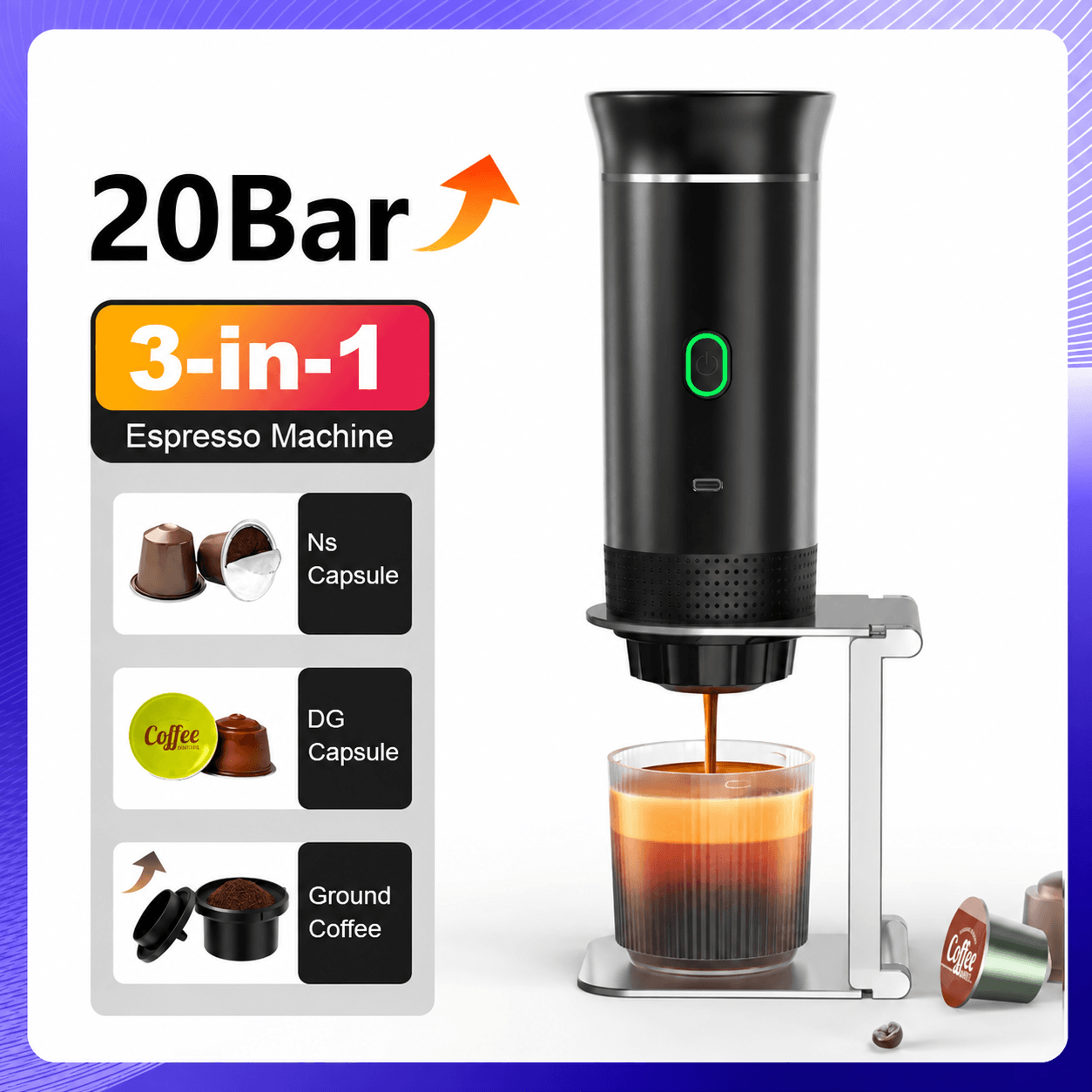 3-in-1 portable espresso coffee maker - self-heating rechargeable travel brewer