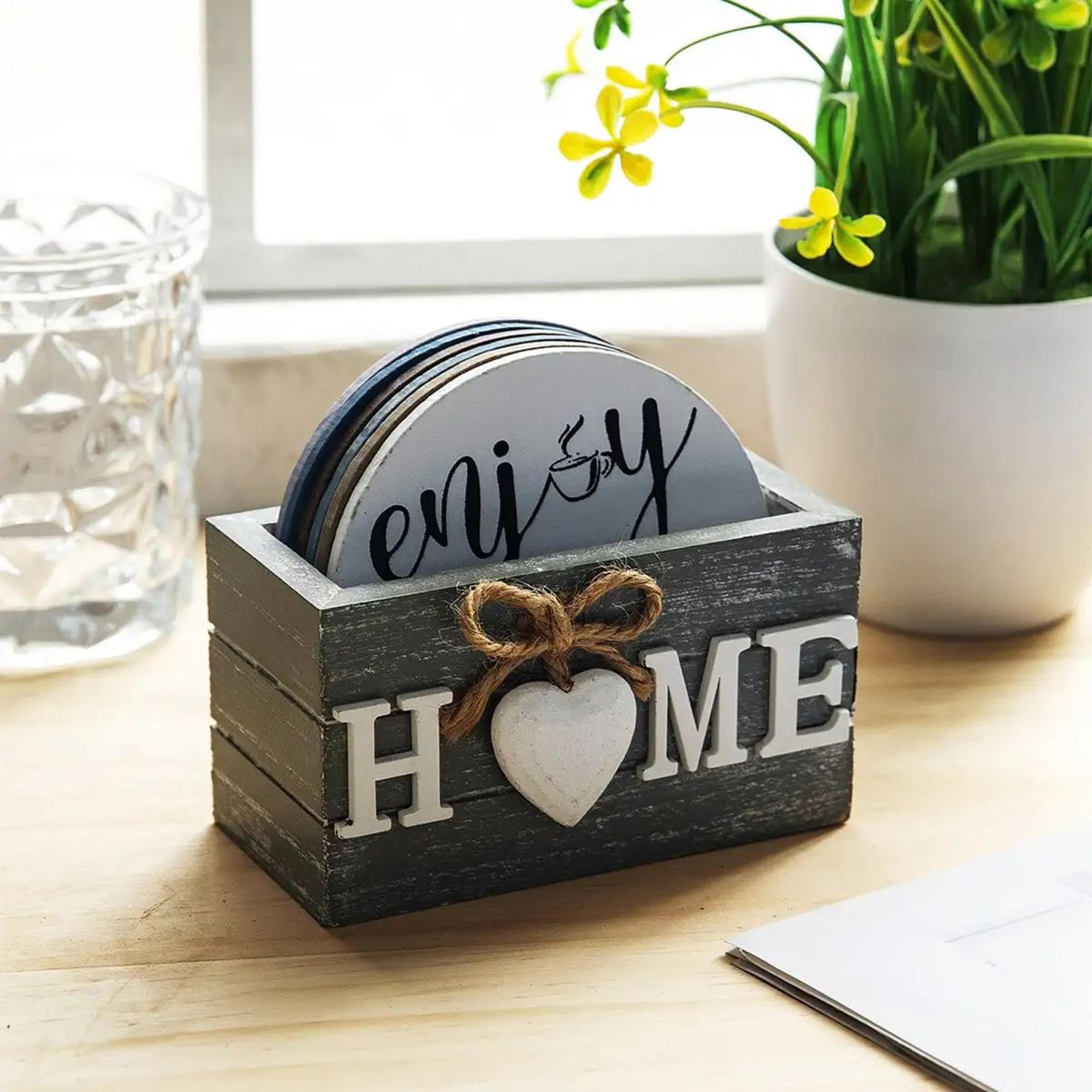 home love wooden coaster set with holder - heat resistant drink coasters